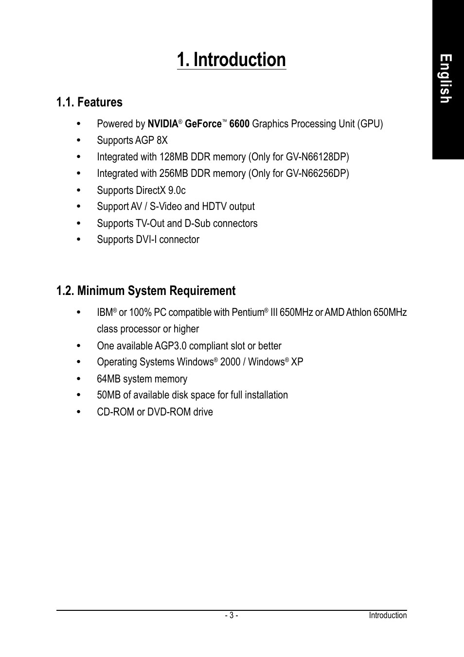 Introduction, English, Features | Minimum system requirement | GIGABYTE GeForceTM 6600 Graphics Accelerator GV-N66256DP User Manual | Page 3 / 34