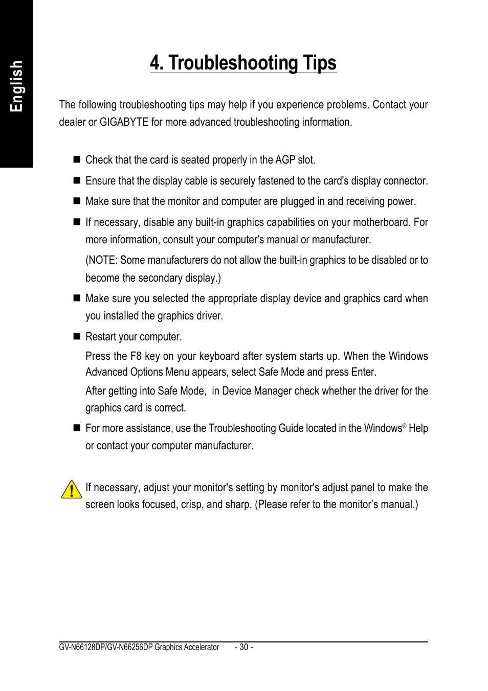 Troubleshooting tips, English | GIGABYTE GeForceTM 6600 Graphics Accelerator GV-N66256DP User Manual | Page 30 / 34