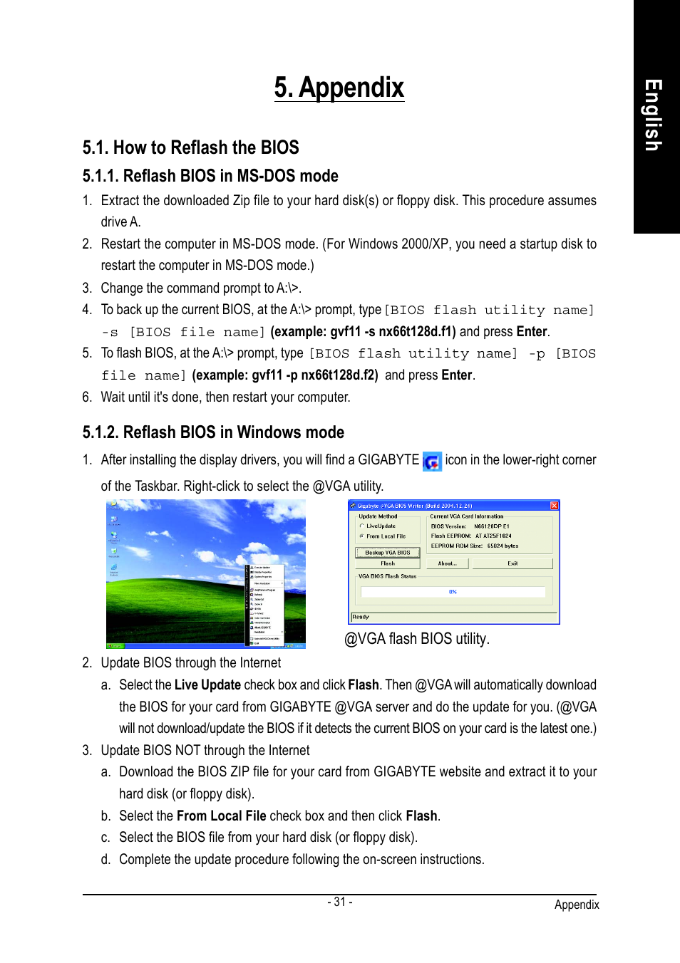 Appendix, English, How to reflash the bios | GIGABYTE GeForceTM 6600 Graphics Accelerator GV-N66256DP User Manual | Page 31 / 34