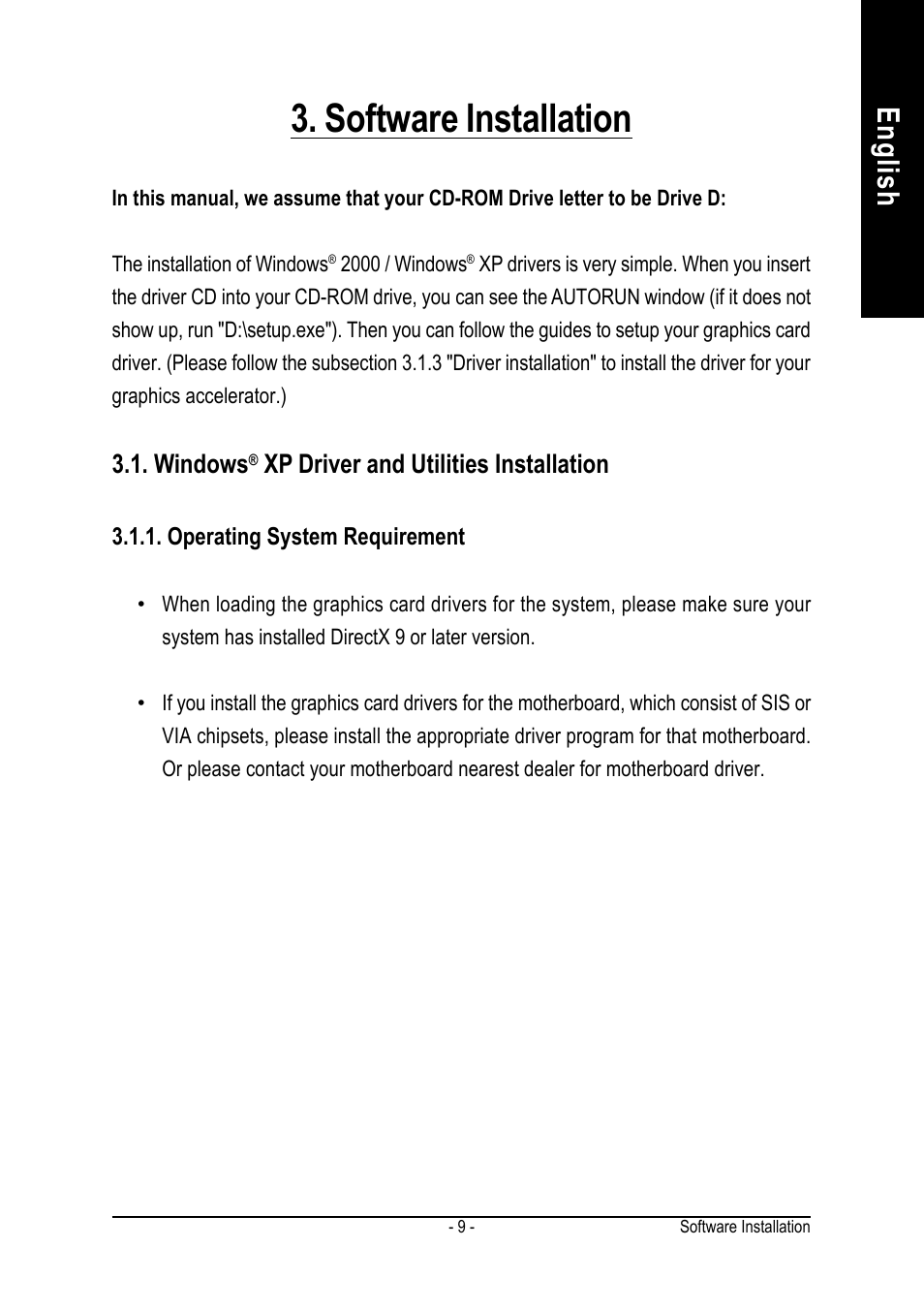 Software installation, English, Windows | Xp driver and utilities installation | GIGABYTE GeForceTM 6600 Graphics Accelerator GV-N66256DP User Manual | Page 9 / 34