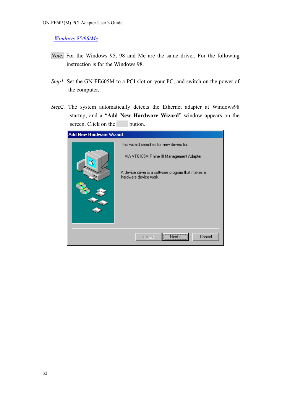 Windows 95/98/me | GIGABYTE GN-FE605(M) User Manual | Page 34 / 38