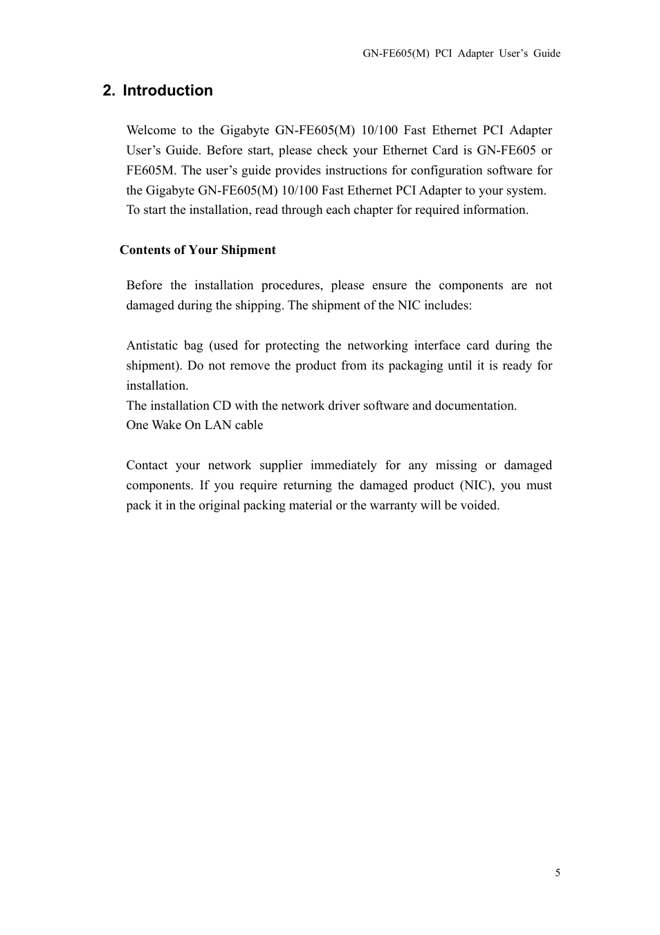 Introduction, Ontents of, Hipment | GIGABYTE GN-FE605(M) User Manual | Page 7 / 38