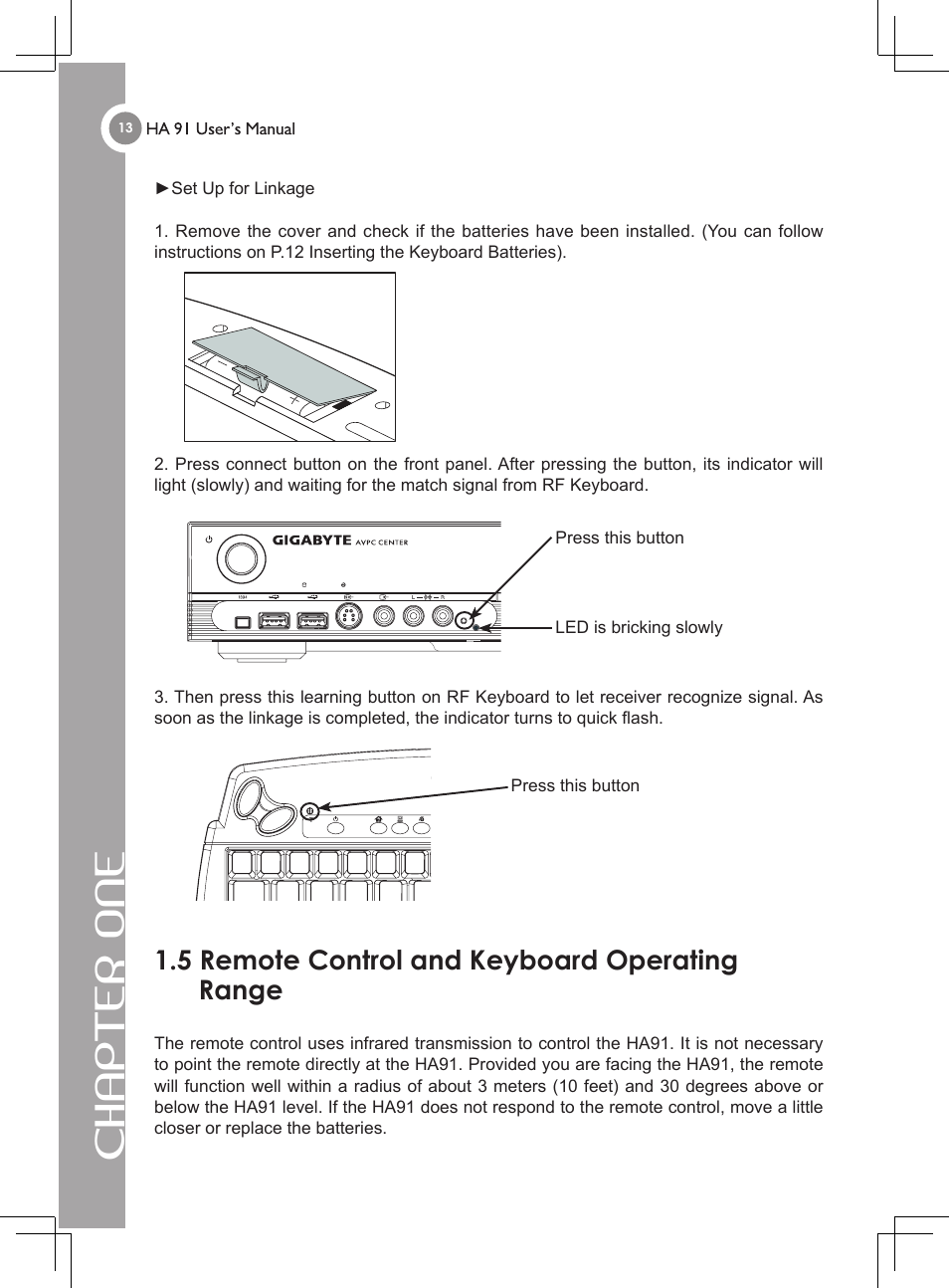 Chapter one, 5 remote control and keyboard operating range | GIGABYTE 4635 User Manual | Page 18 / 26
