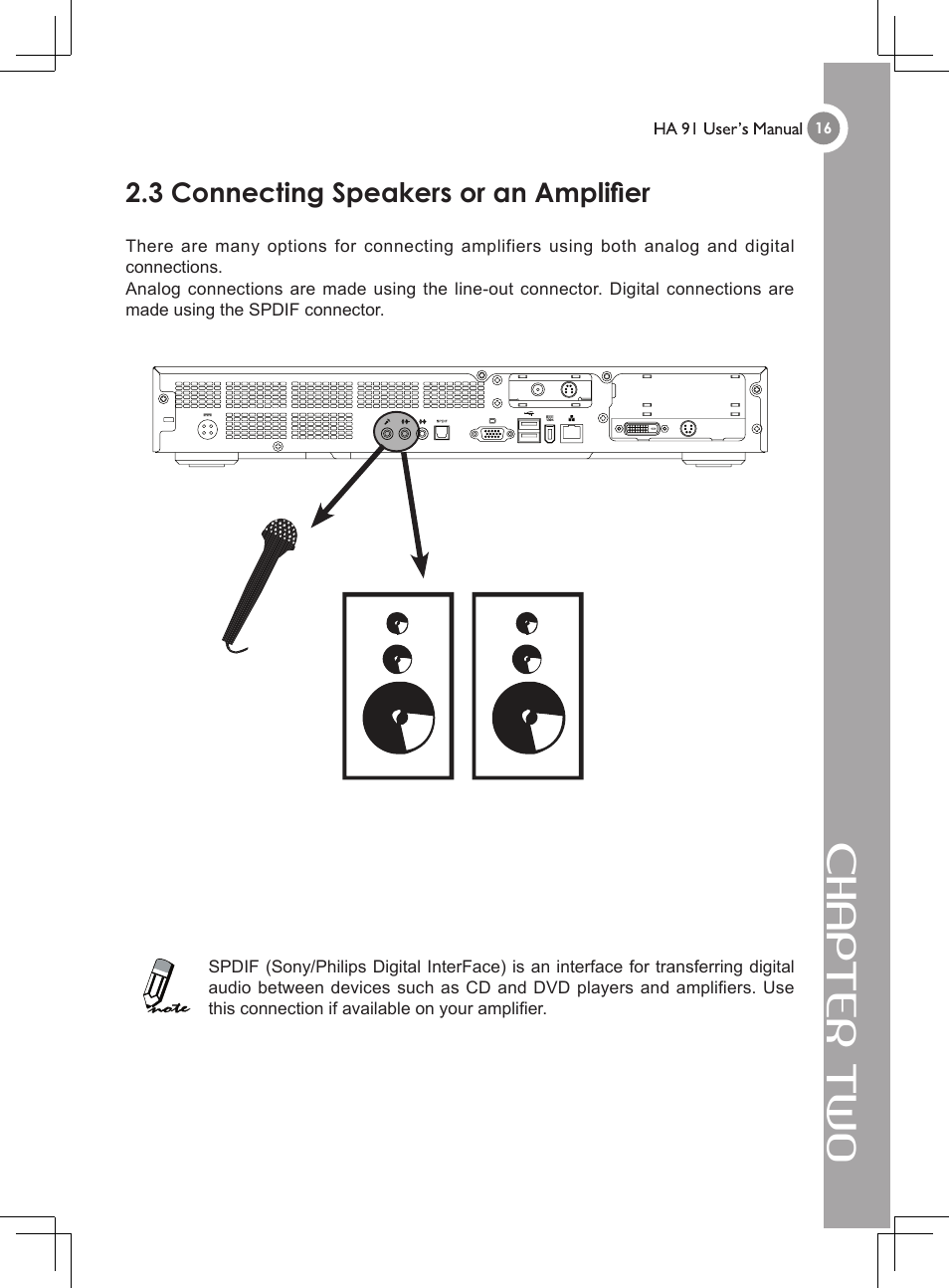 Chapter two, 3 connecting speakers or an ampliﬁer | GIGABYTE 4635 User Manual | Page 21 / 26