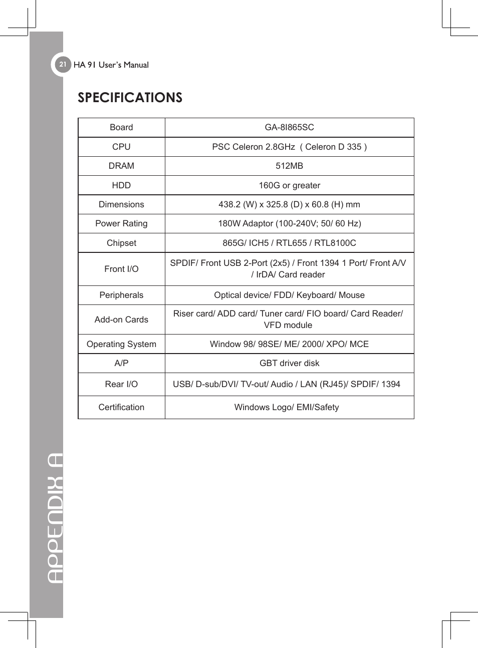 Appendix a, Specifications | GIGABYTE 4635 User Manual | Page 26 / 26