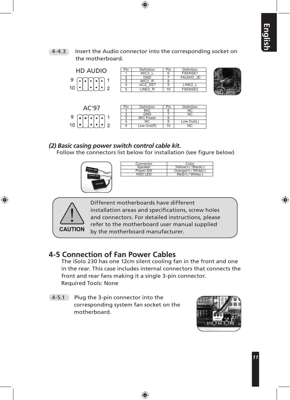 En g lis h, 5 connection of fan power cables, 2) basic casing power switch control cable kit | Hd audio, Ac'97 | GIGABYTE 230 User Manual | Page 11 / 14
