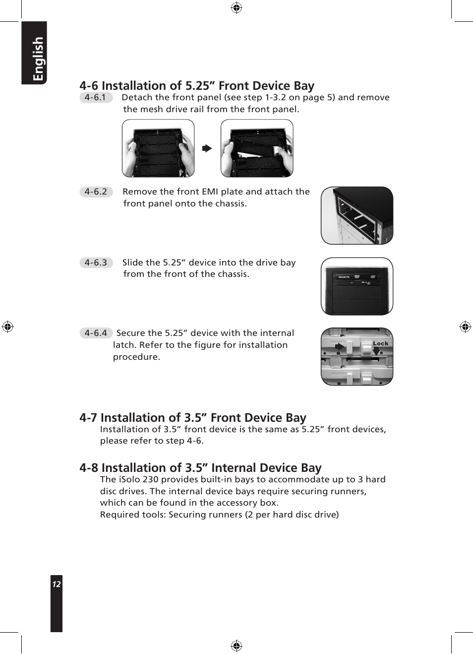 En g lis h, 6 installation of 5.25” front device bay, 7 installation of 3.5” front device bay | 8 installation of 3.5” internal device bay | GIGABYTE 230 User Manual | Page 12 / 14