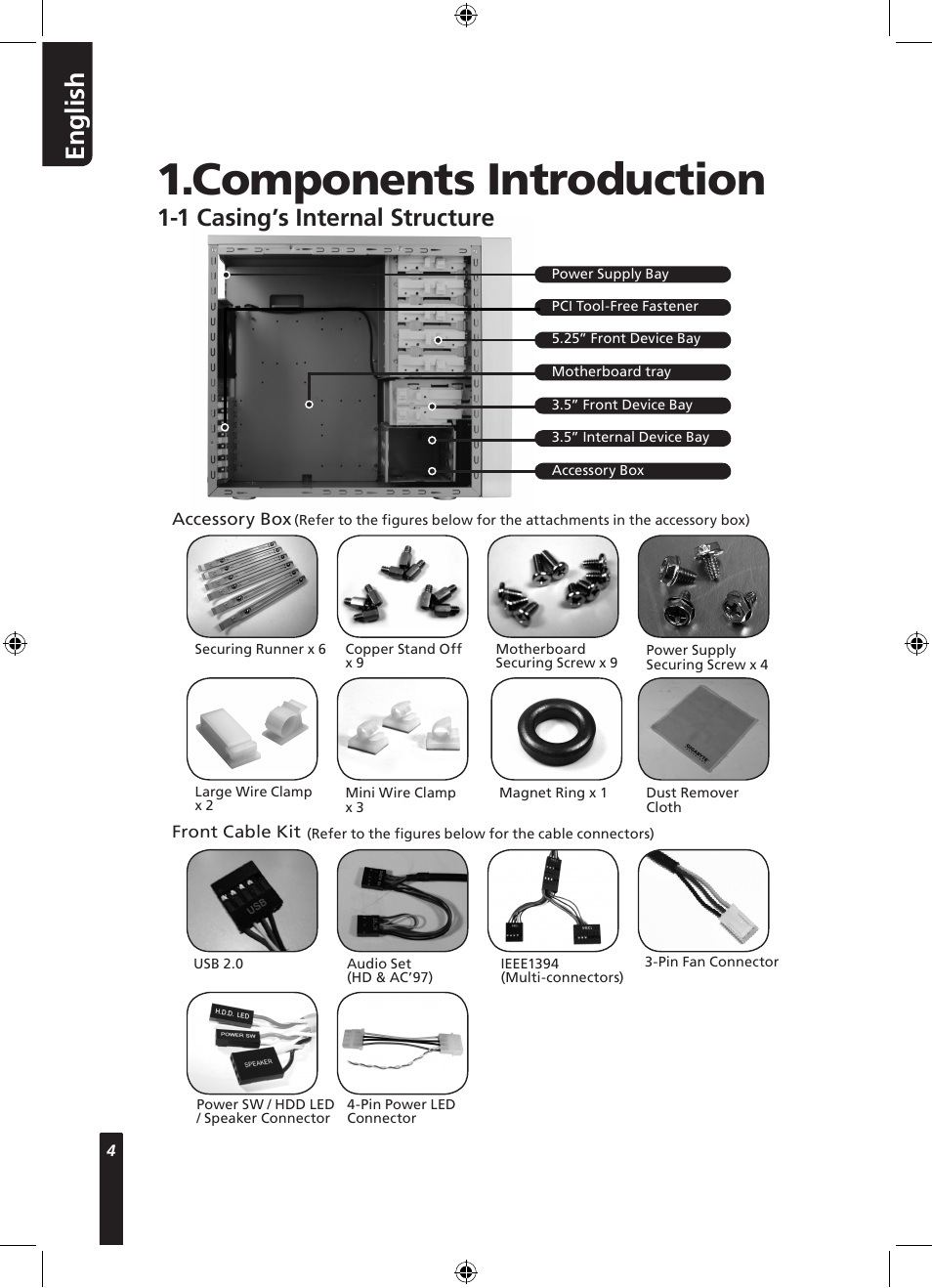 Components introduction, En g lis h, 1 casing’s internal structure | GIGABYTE 230 User Manual | Page 4 / 14