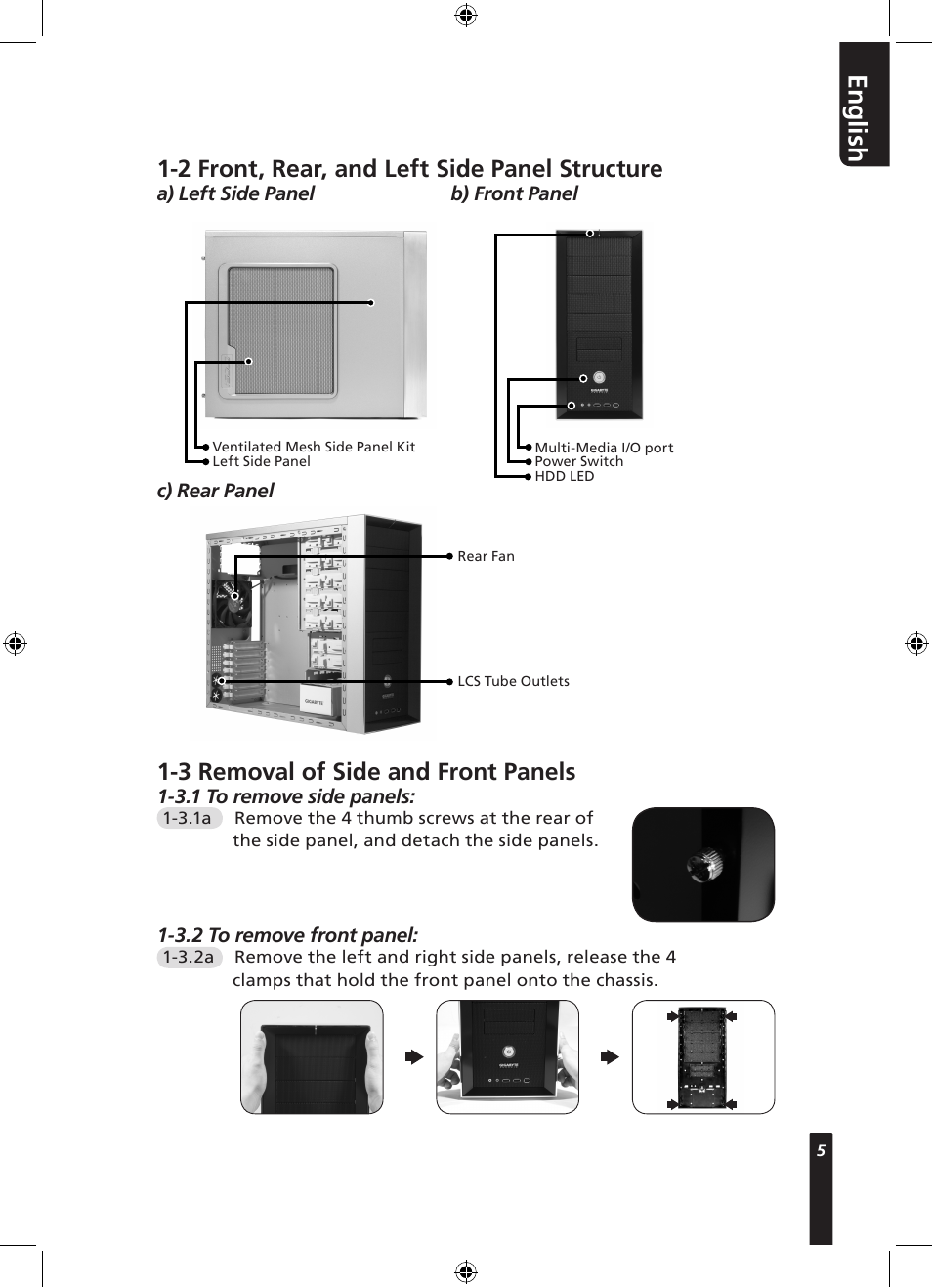 En g lis h, 2 front, rear, and left side panel structure, 3 removal of side and front panels | GIGABYTE 230 User Manual | Page 5 / 14
