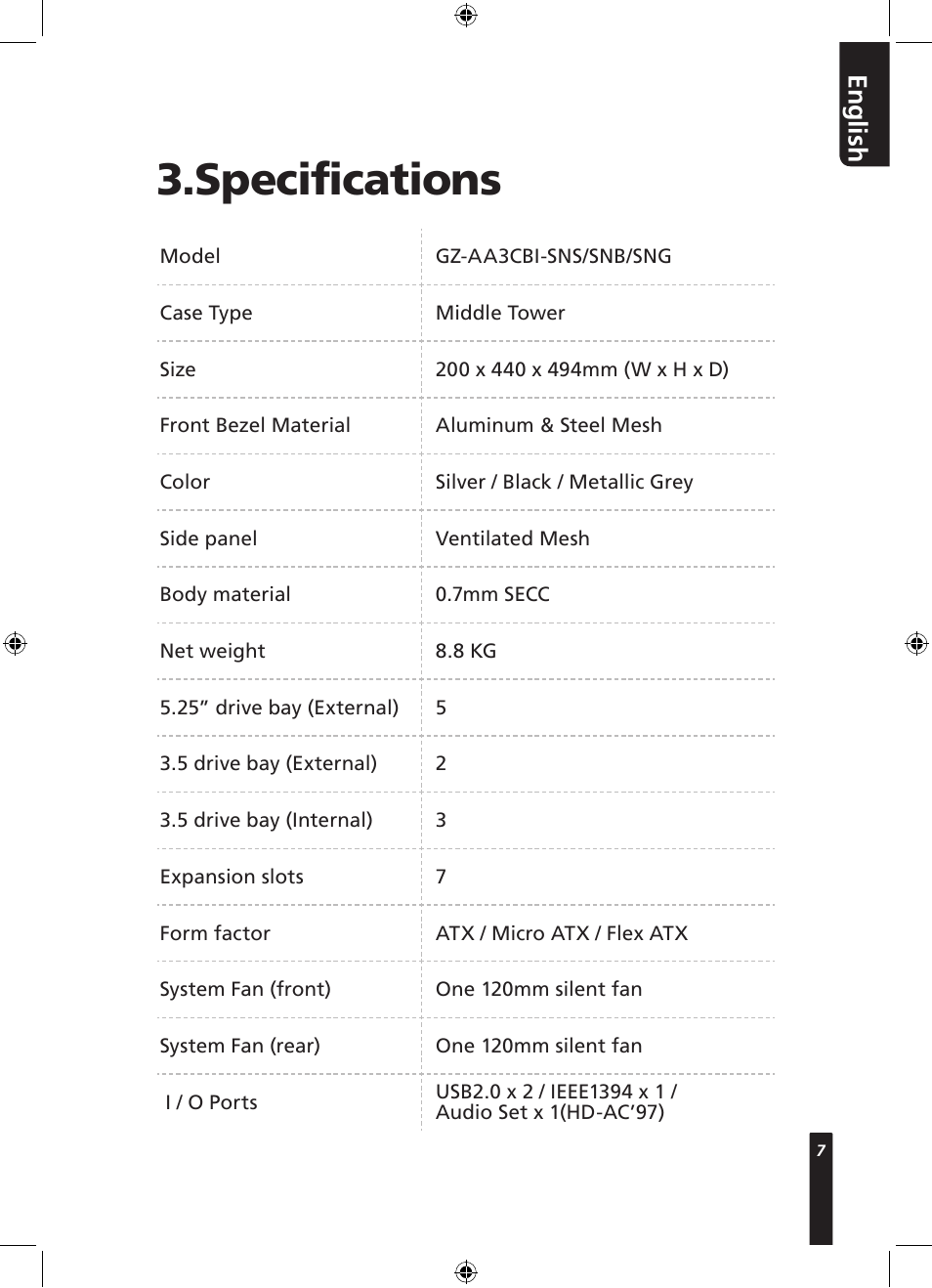 Specifications, En g lis h | GIGABYTE 230 User Manual | Page 7 / 14