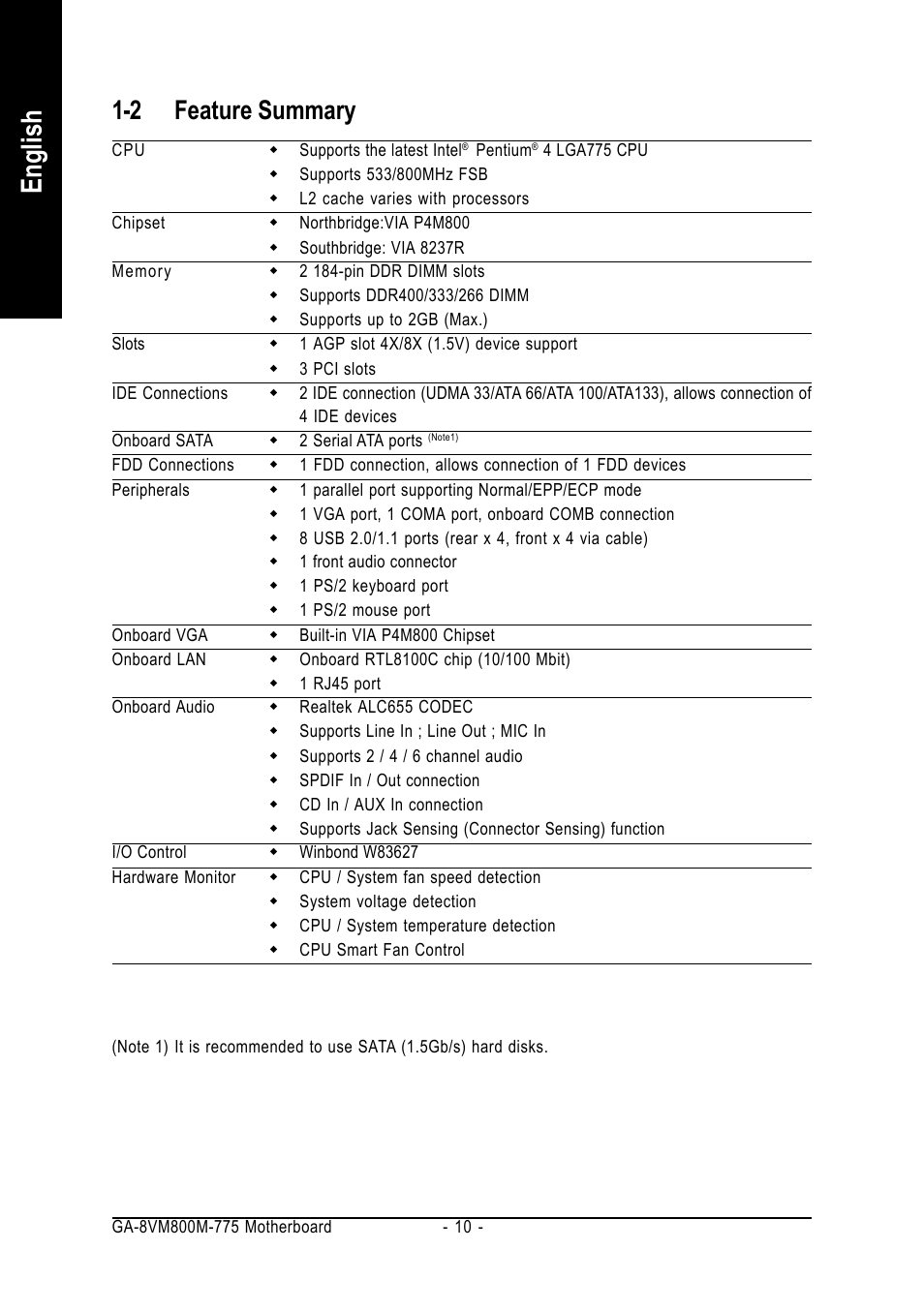 English, 2 feature summary | GIGABYTE GA-8VM800M-775 User Manual | Page 10 / 88