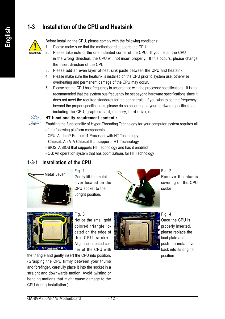 English, 3 installation of the cpu and heatsink | GIGABYTE GA-8VM800M-775 User Manual | Page 12 / 88