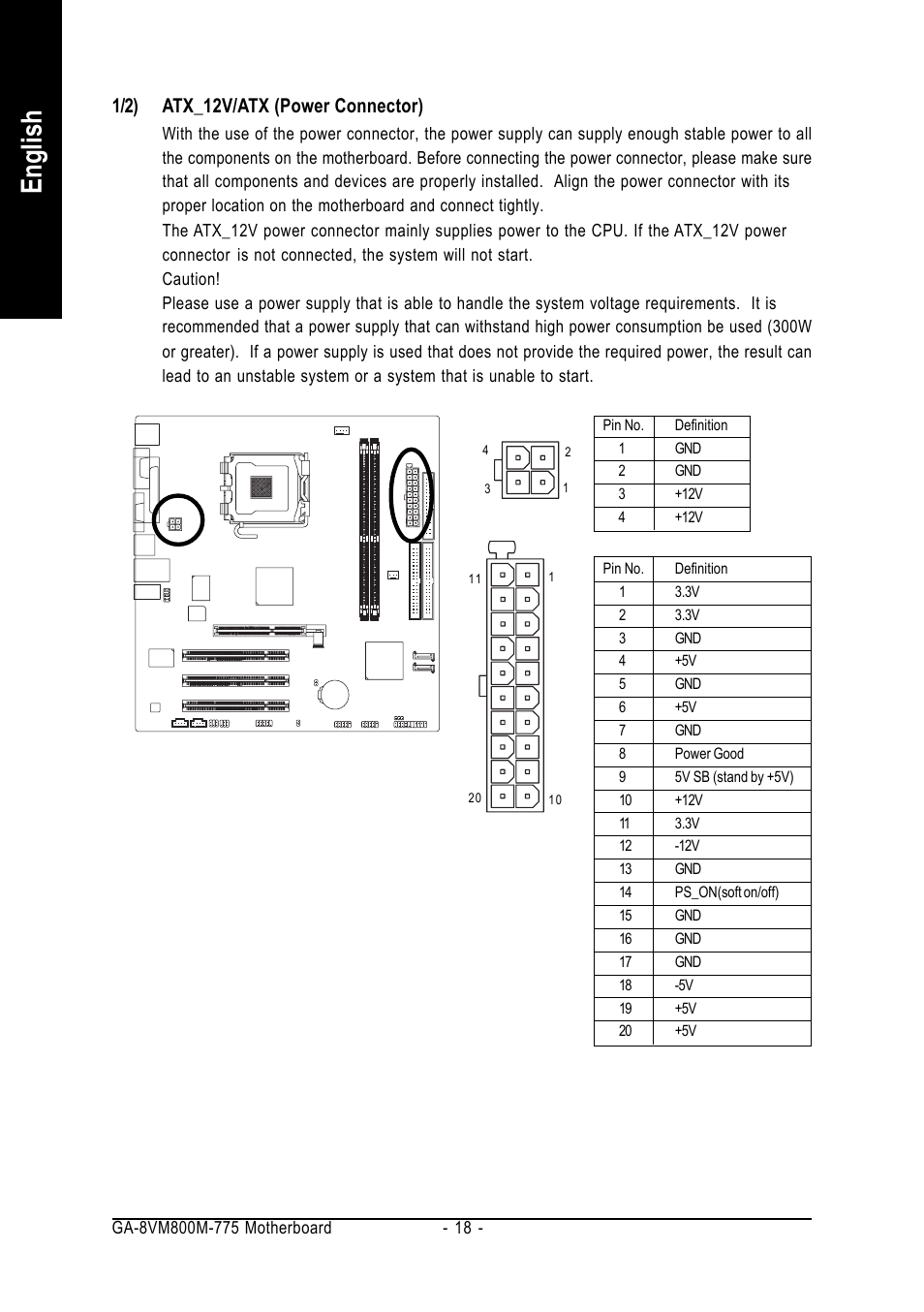 English, 1/2) atx_12v/atx (power connector) | GIGABYTE GA-8VM800M-775 User Manual | Page 18 / 88