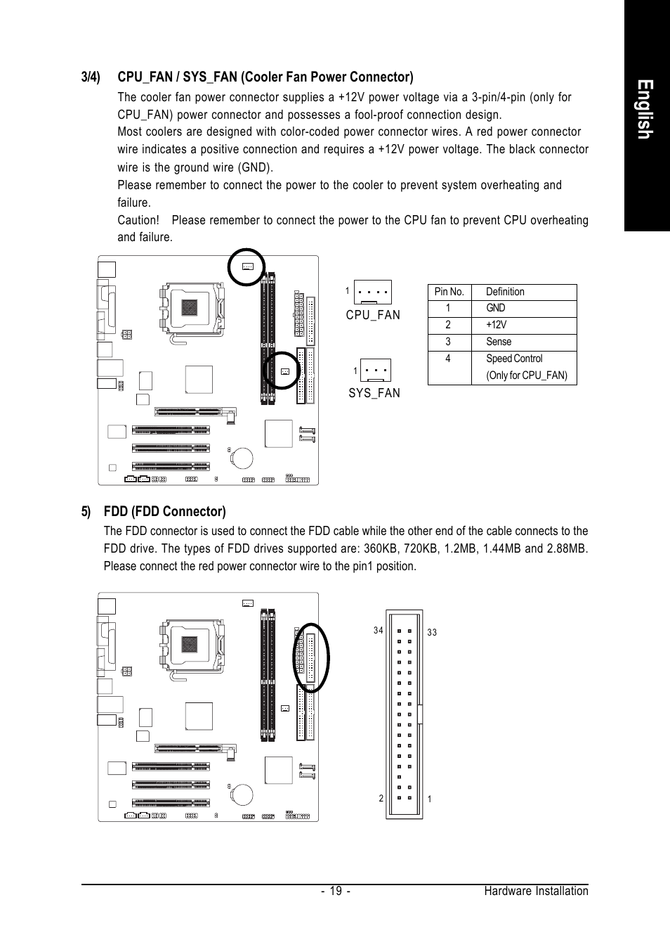 English, 5) fdd (fdd connector) | GIGABYTE GA-8VM800M-775 User Manual | Page 19 / 88