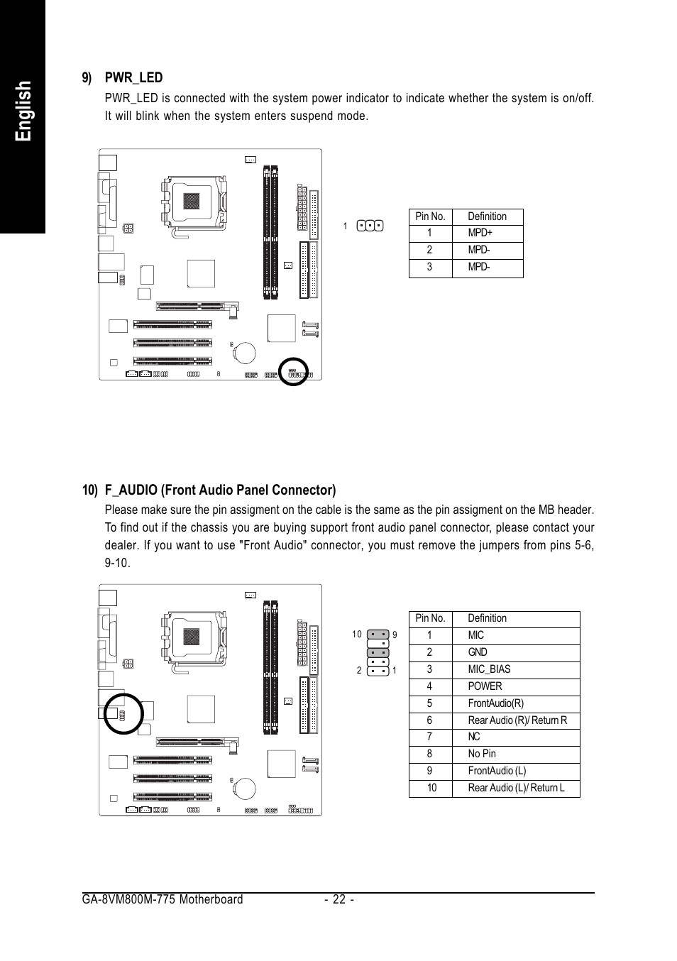 English, 10) f_audio (front audio panel connector), 9) pwr_led | GIGABYTE GA-8VM800M-775 User Manual | Page 22 / 88