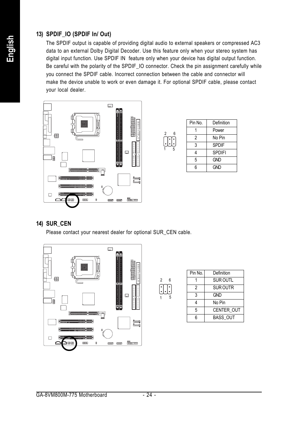 English, 13) spdif_io (spdif in/ out), 14) sur_cen | GIGABYTE GA-8VM800M-775 User Manual | Page 24 / 88