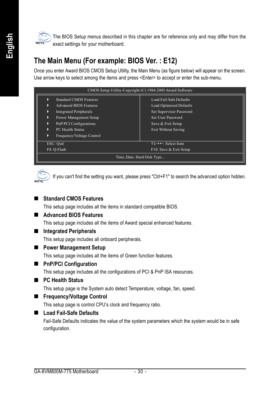 English, The main menu (for example: bios ver. : e12) | GIGABYTE GA-8VM800M-775 User Manual | Page 30 / 88