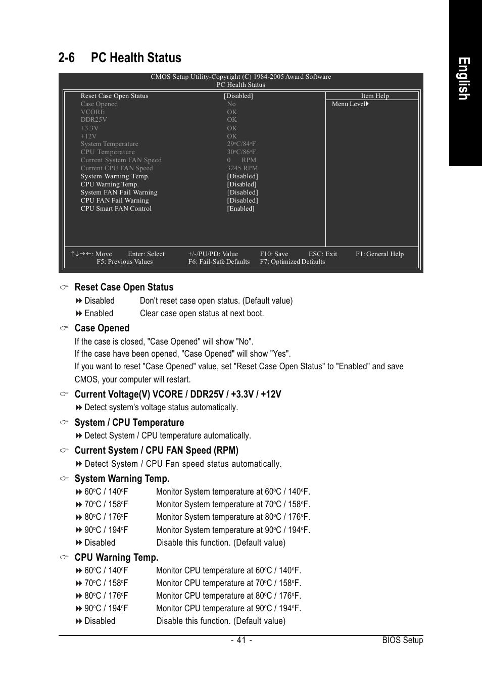 English, 6 pc health status, Reset case open status | Case opened, System / cpu temperature, Current system / cpu fan speed (rpm), System warning temp, Cpu warning temp | GIGABYTE GA-8VM800M-775 User Manual | Page 41 / 88