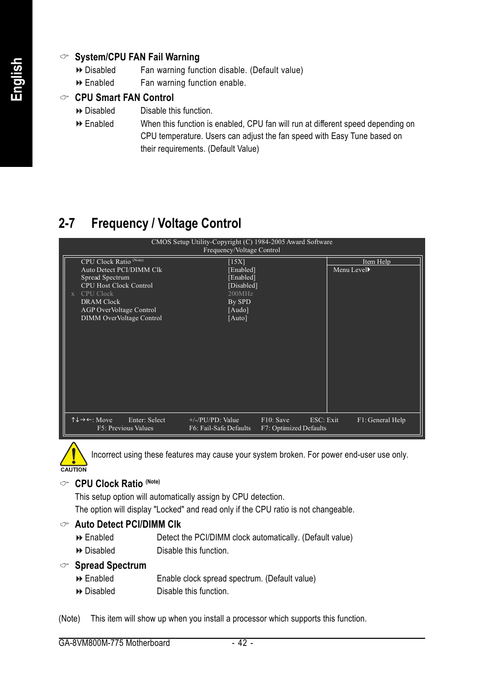 English, 7 frequency / voltage control, Cpu clock ratio | Auto detect pci/dimm clk, Spread spectrum, System/cpu fan fail warning, Cpu smart fan control | GIGABYTE GA-8VM800M-775 User Manual | Page 42 / 88