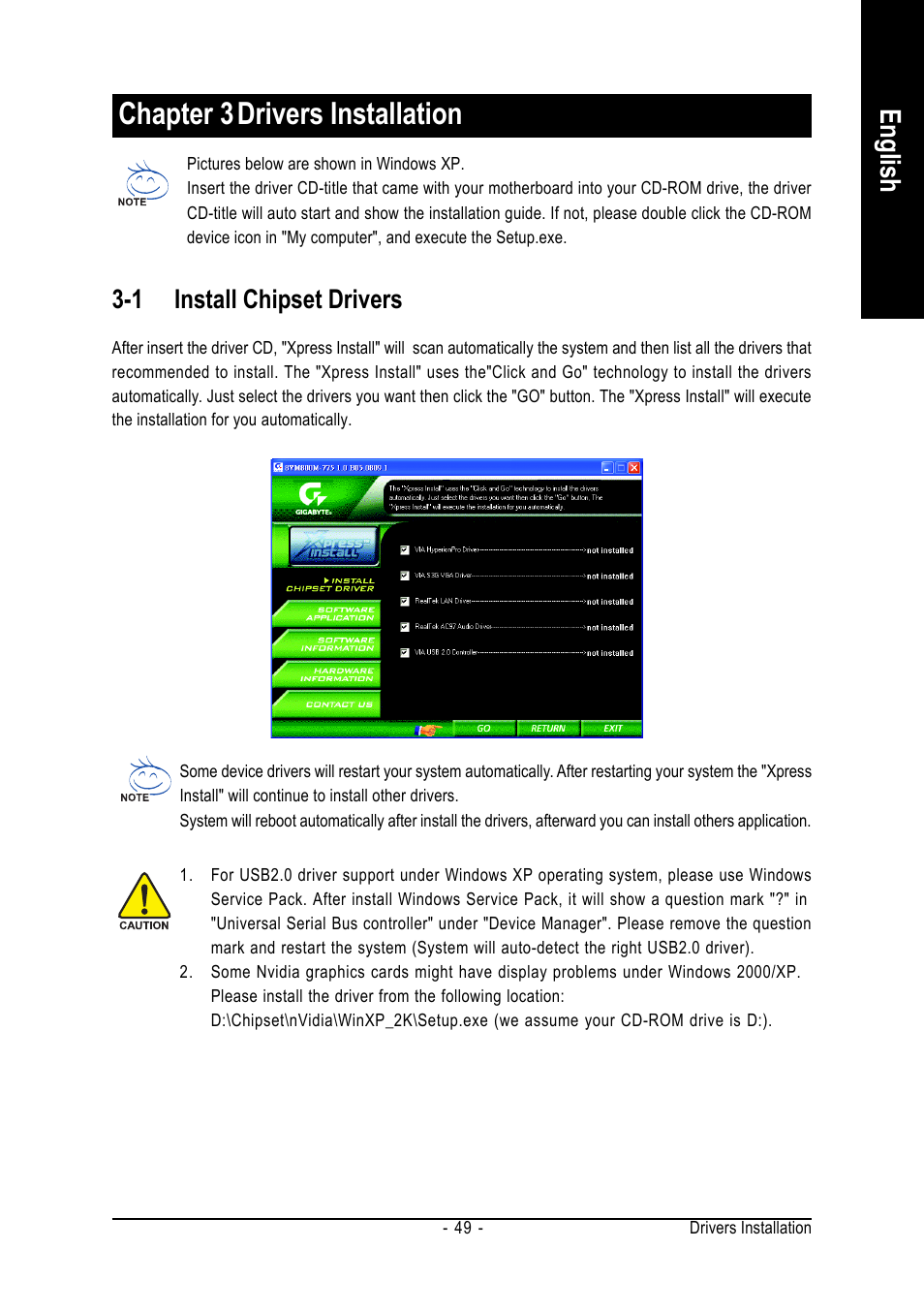 Chapter 3drivers installation, English, 1 install chipset drivers | GIGABYTE GA-8VM800M-775 User Manual | Page 49 / 88