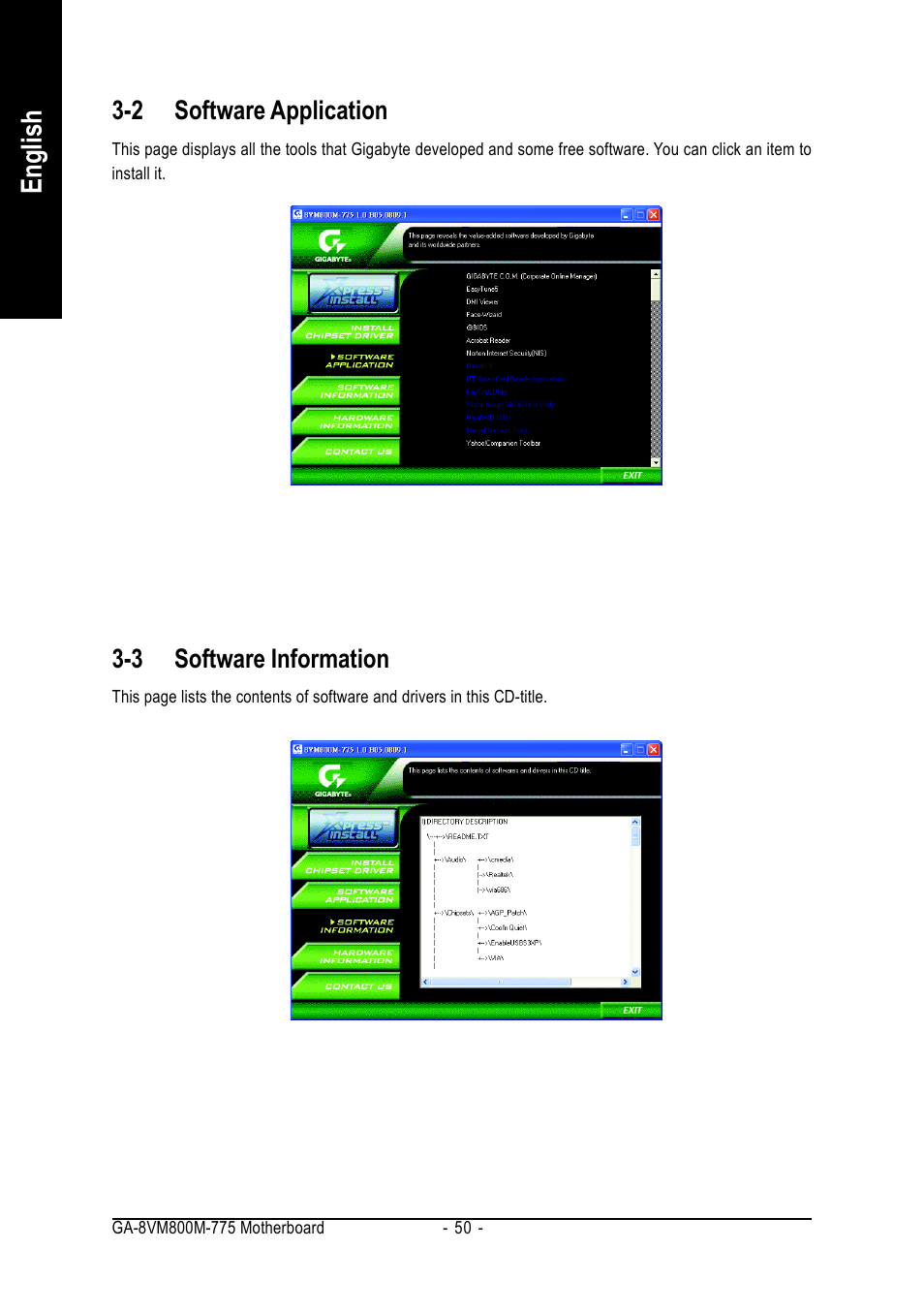 English, 2 software application, 3 software information | GIGABYTE GA-8VM800M-775 User Manual | Page 50 / 88