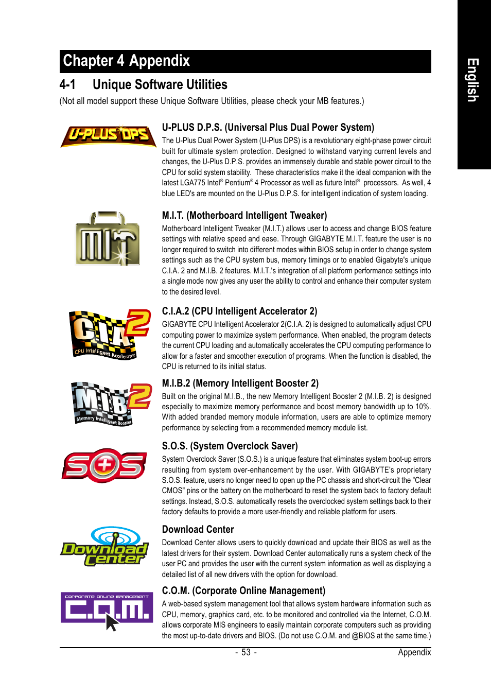 Chapter 4 appendix, English, 1 unique software utilities | GIGABYTE GA-8VM800M-775 User Manual | Page 53 / 88