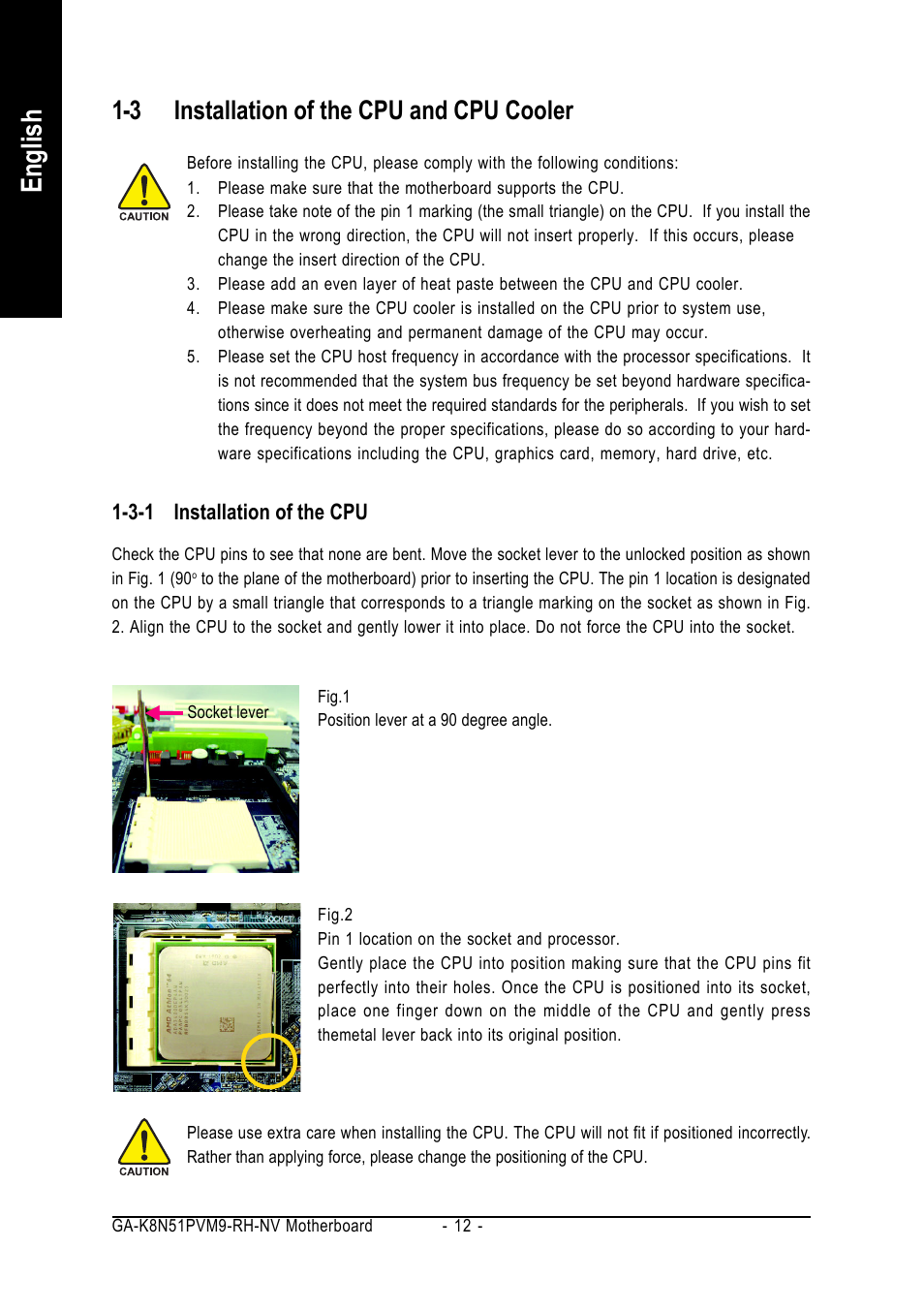 English, 3 installation of the cpu and cpu cooler | GIGABYTE AMD Socket 939 Processor Motherboard GA-K8N51PVM9-RH User Manual | Page 12 / 96