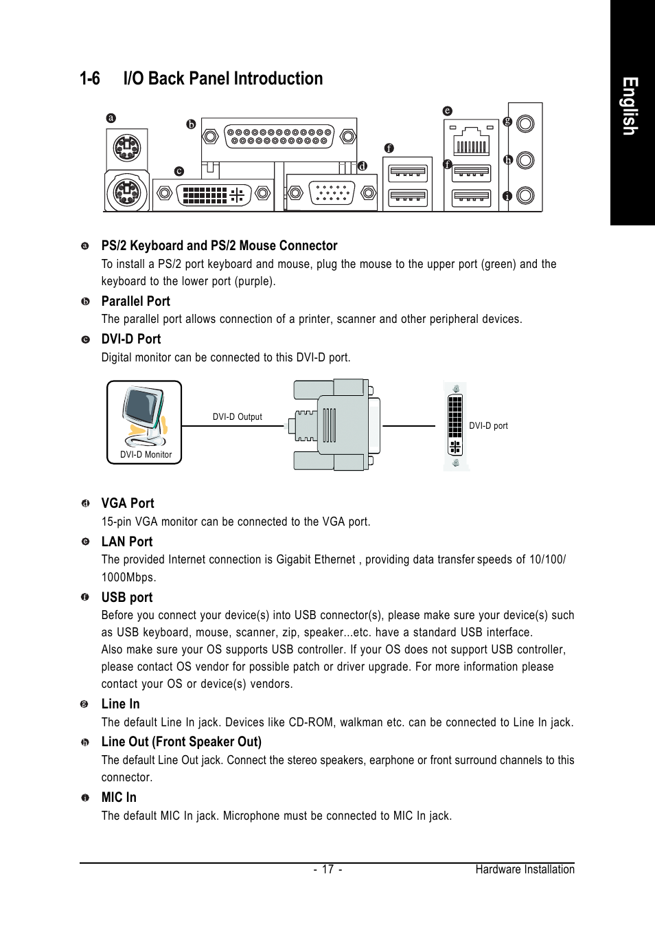 English, 6 i/o back panel introduction | GIGABYTE AMD Socket 939 Processor Motherboard GA-K8N51PVM9-RH User Manual | Page 17 / 96
