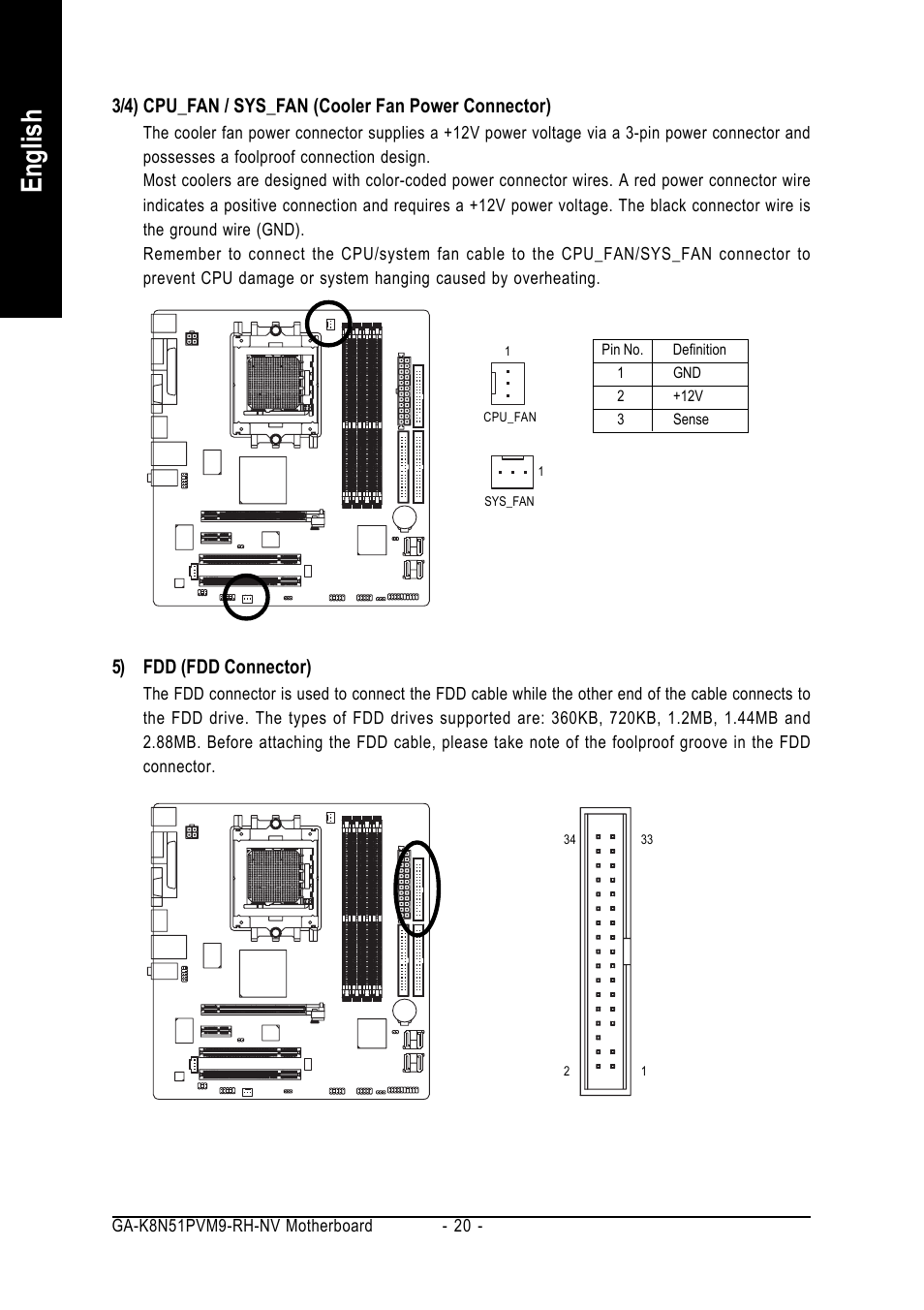 English, 5) fdd (fdd connector) | GIGABYTE AMD Socket 939 Processor Motherboard GA-K8N51PVM9-RH User Manual | Page 20 / 96
