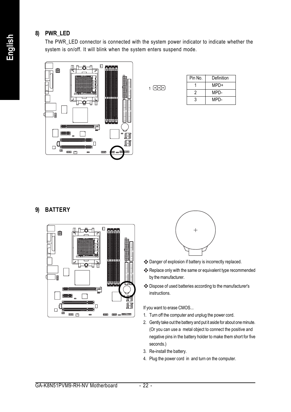 English, 8) pwr_led, 9) battery | GIGABYTE AMD Socket 939 Processor Motherboard GA-K8N51PVM9-RH User Manual | Page 22 / 96