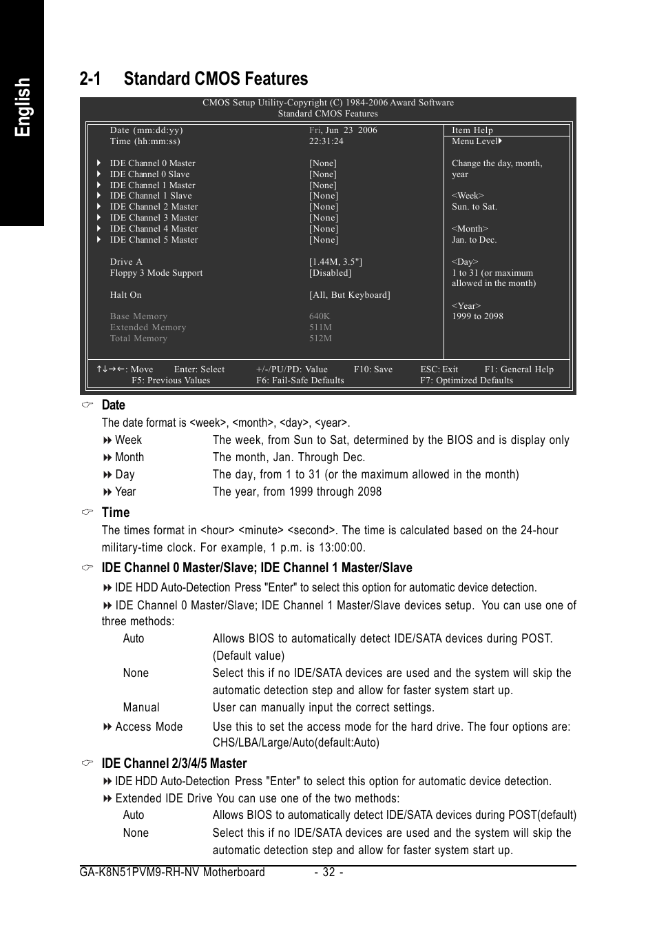 English, 1 standard cmos features, Date | Time, Ide channel 2/3/4/5 master | GIGABYTE AMD Socket 939 Processor Motherboard GA-K8N51PVM9-RH User Manual | Page 32 / 96