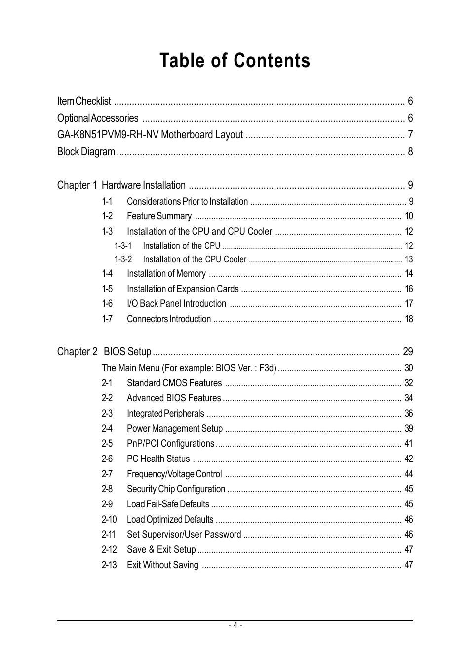 GIGABYTE AMD Socket 939 Processor Motherboard GA-K8N51PVM9-RH User Manual | Page 4 / 96