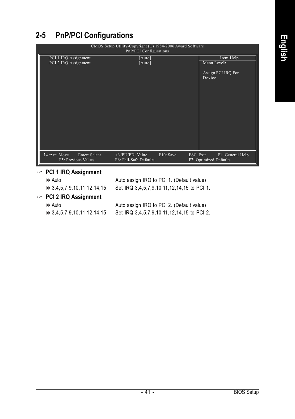 English, 5 pnp/pci configurations, Pci 1 irq assignment | Pci 2 irq assignment | GIGABYTE AMD Socket 939 Processor Motherboard GA-K8N51PVM9-RH User Manual | Page 41 / 96