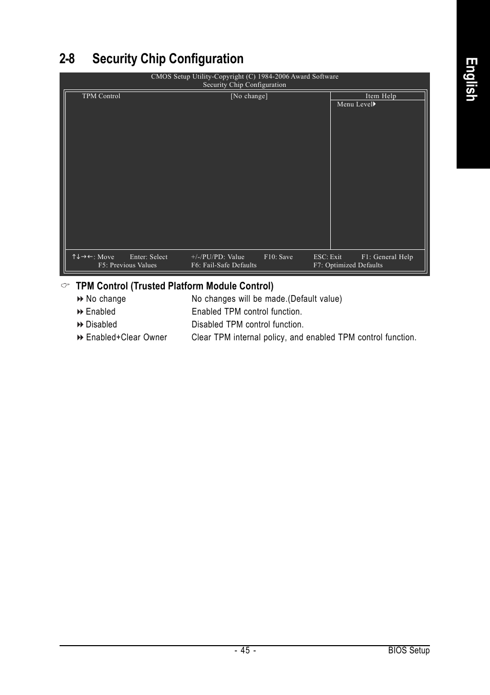 English, 8 security chip configuration, Tpm control (trusted platform module control) | GIGABYTE AMD Socket 939 Processor Motherboard GA-K8N51PVM9-RH User Manual | Page 45 / 96