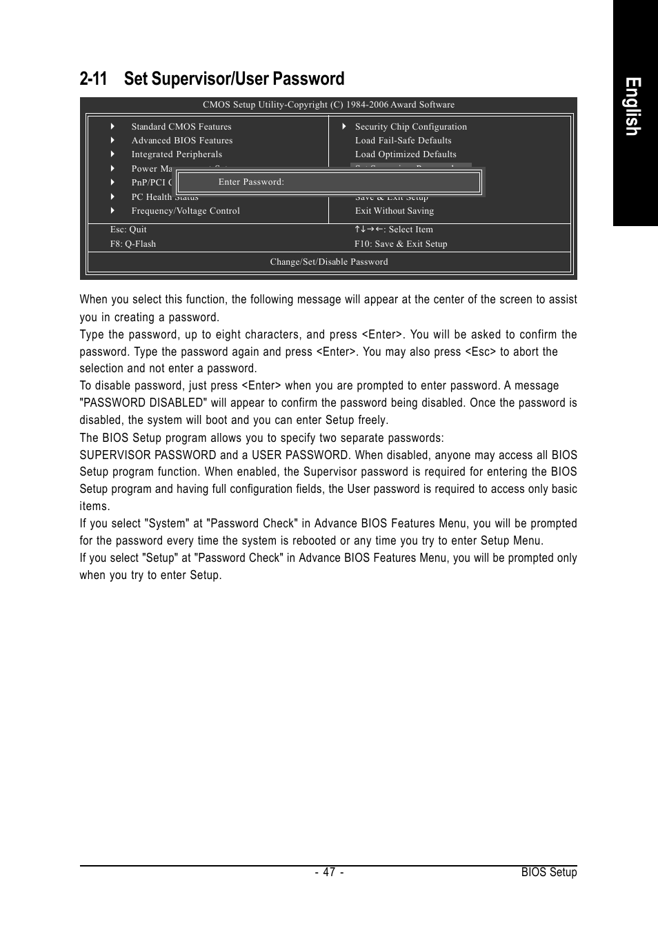English, 11 set supervisor/user password | GIGABYTE AMD Socket 939 Processor Motherboard GA-K8N51PVM9-RH User Manual | Page 47 / 96
