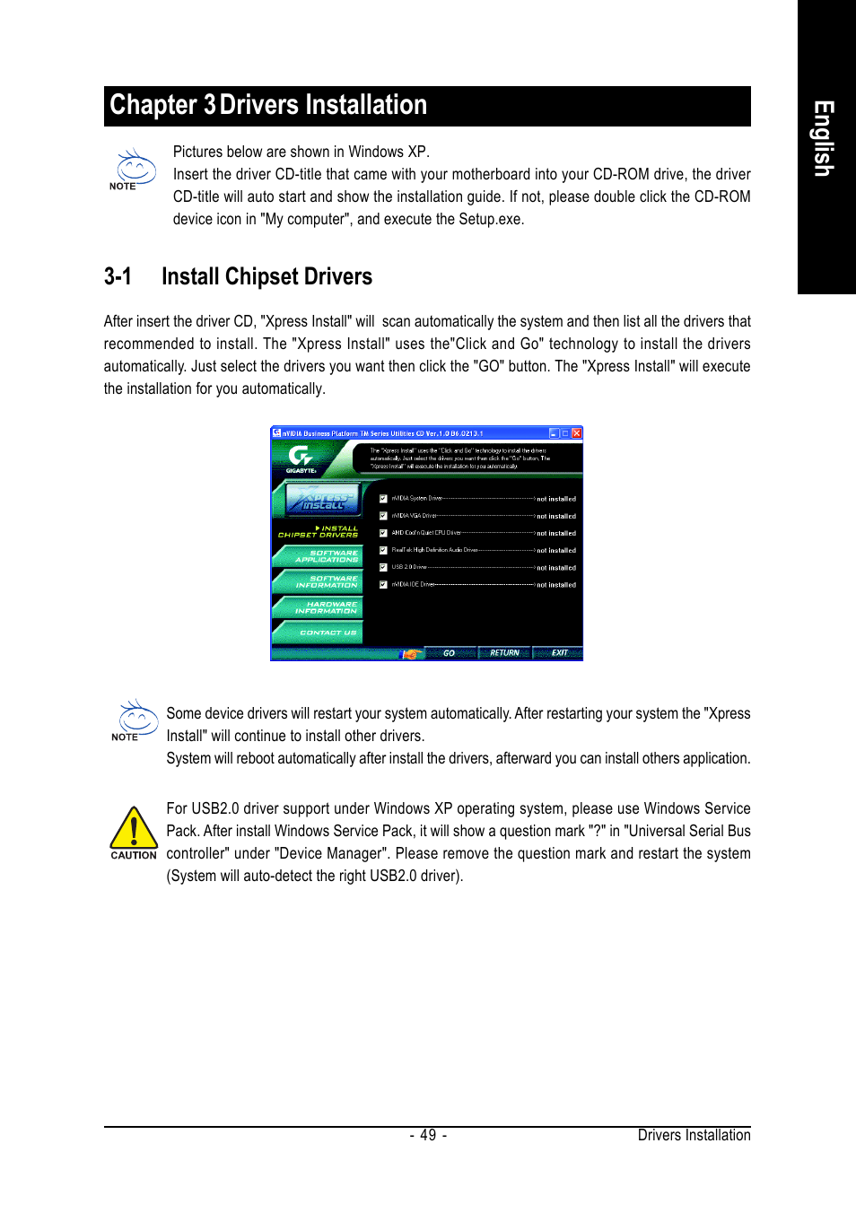Chapter 3drivers installation, English, 1 install chipset drivers | GIGABYTE AMD Socket 939 Processor Motherboard GA-K8N51PVM9-RH User Manual | Page 49 / 96