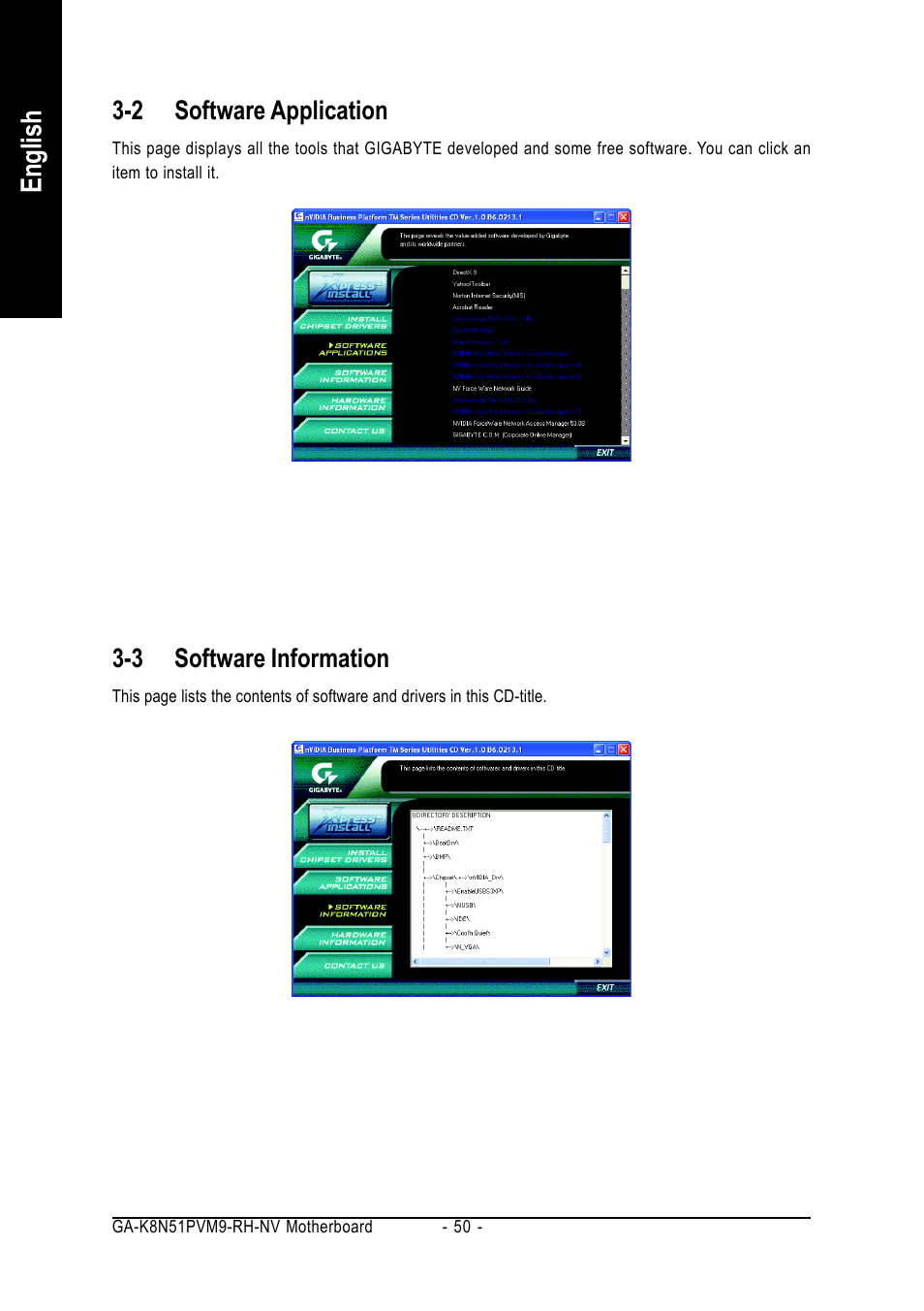 English, 2 software application, 3 software information | GIGABYTE AMD Socket 939 Processor Motherboard GA-K8N51PVM9-RH User Manual | Page 50 / 96