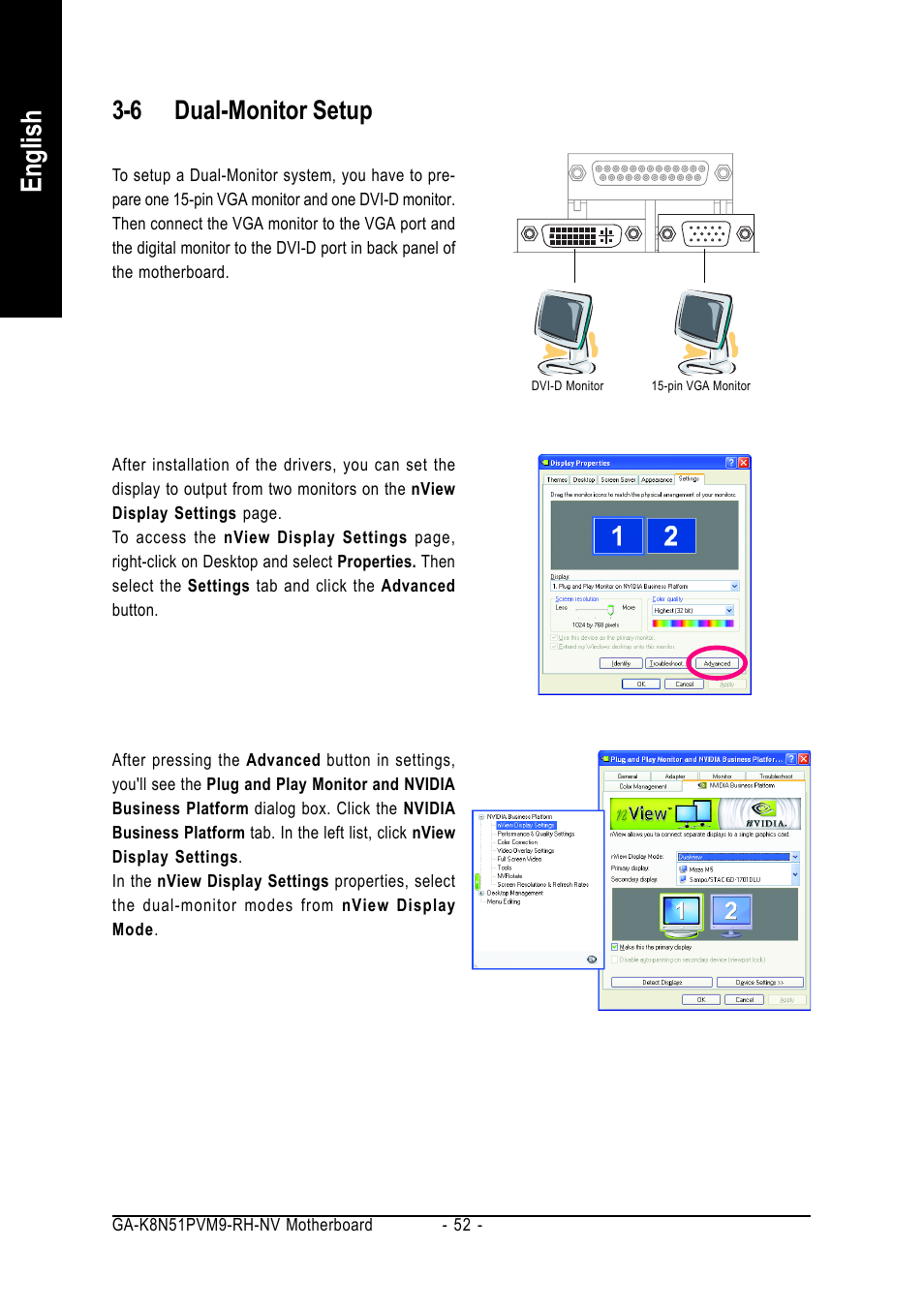 English, 6 dual-monitor setup | GIGABYTE AMD Socket 939 Processor Motherboard GA-K8N51PVM9-RH User Manual | Page 52 / 96
