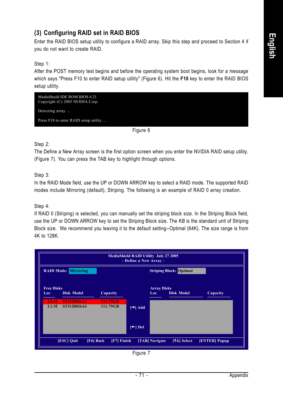 English, 3) configuring raid set in raid bios | GIGABYTE AMD Socket 939 Processor Motherboard GA-K8N51PVM9-RH User Manual | Page 71 / 96