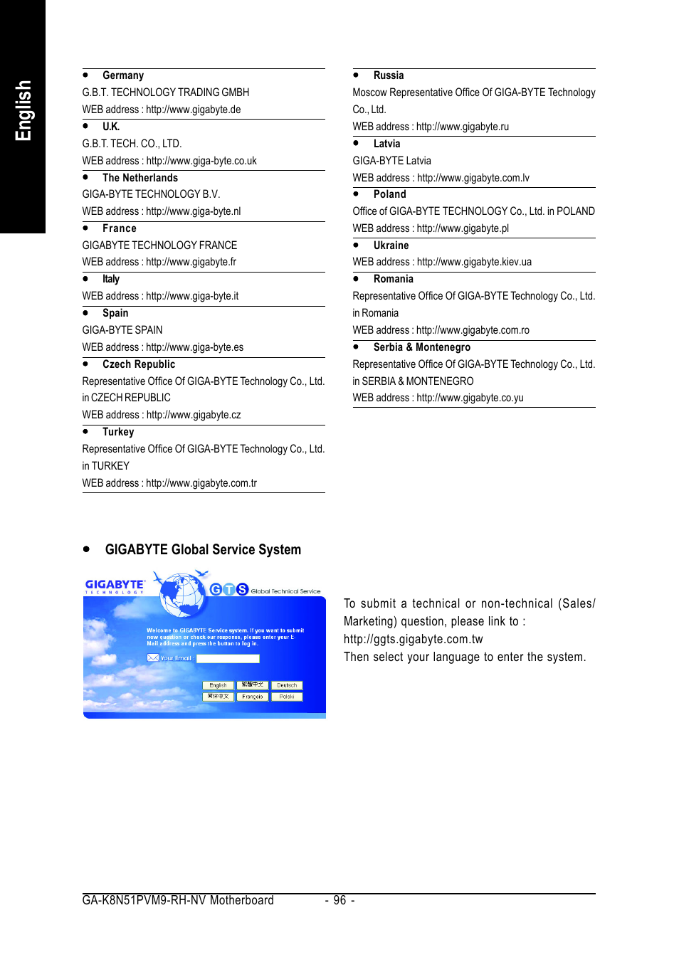 English, Yyy y y gigabyte global service system | GIGABYTE AMD Socket 939 Processor Motherboard GA-K8N51PVM9-RH User Manual | Page 96 / 96