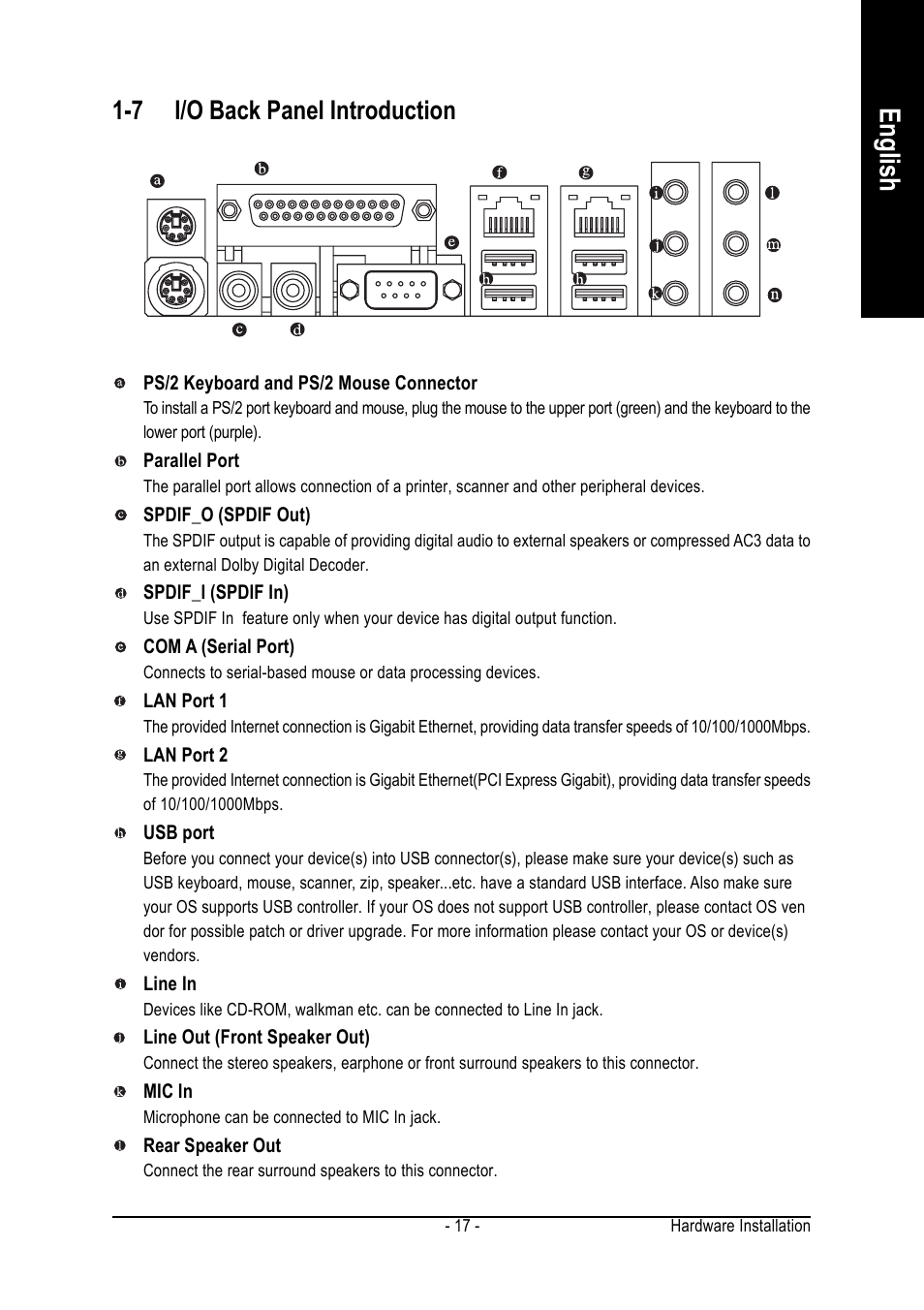 English, 7 i/o back panel introduction | GIGABYTE GA-8ANXP-D User Manual | Page 17 / 88