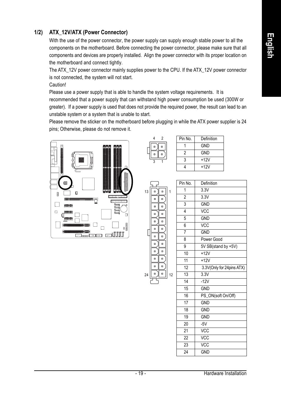 English, 1/2) atx_12v/atx (power connector) | GIGABYTE GA-8ANXP-D User Manual | Page 19 / 88