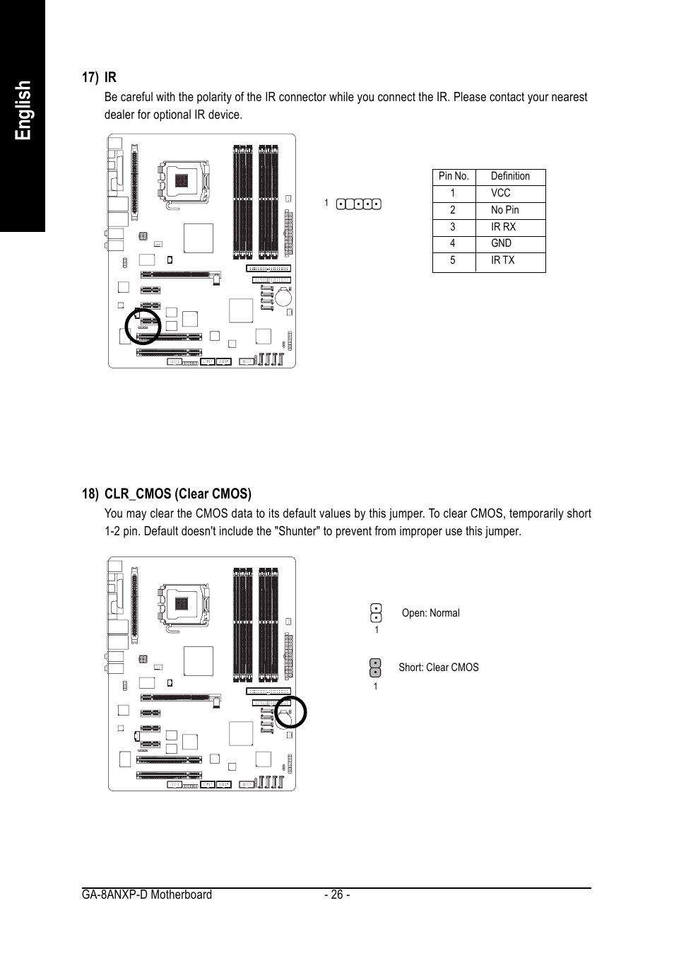 English, 17) ir, 18) clr_cmos (clear cmos) | GIGABYTE GA-8ANXP-D User Manual | Page 26 / 88