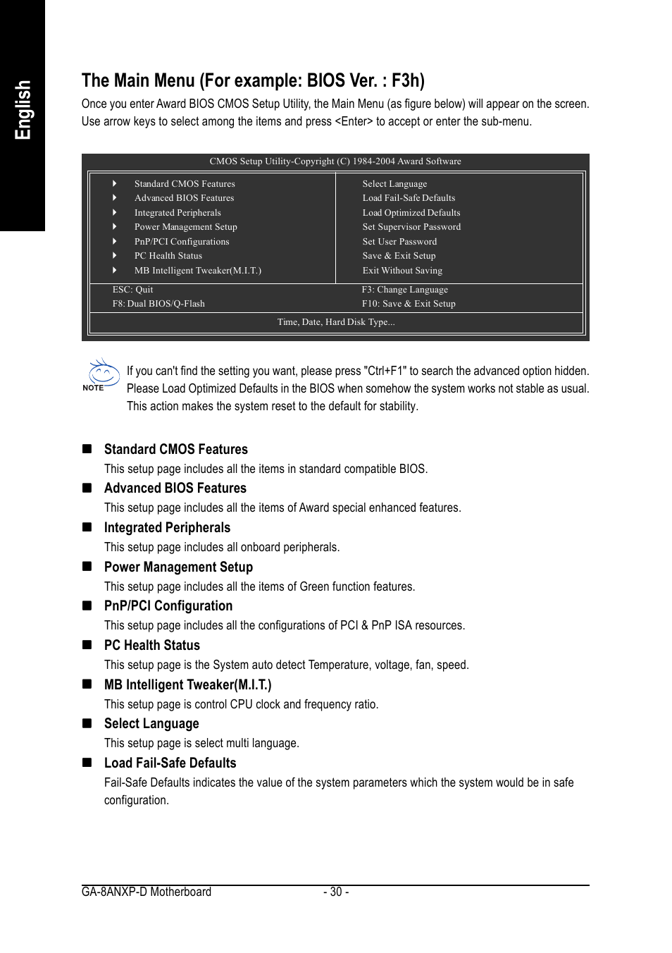 English, The main menu (for example: bios ver. : f3h) | GIGABYTE GA-8ANXP-D User Manual | Page 30 / 88