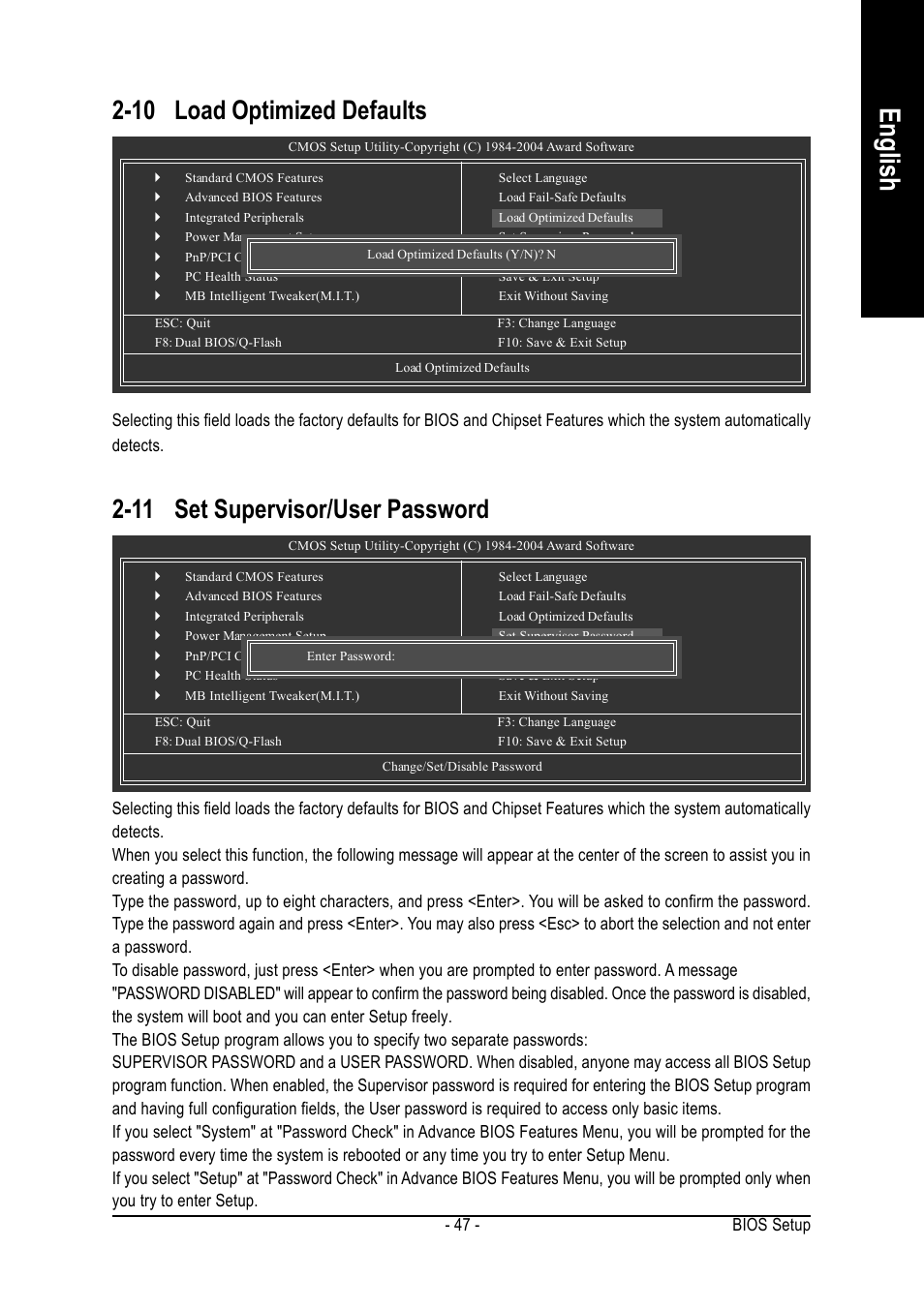 English, 11 set supervisor/user password, 10 load optimized defaults | Bios setup - 47 | GIGABYTE GA-8ANXP-D User Manual | Page 47 / 88