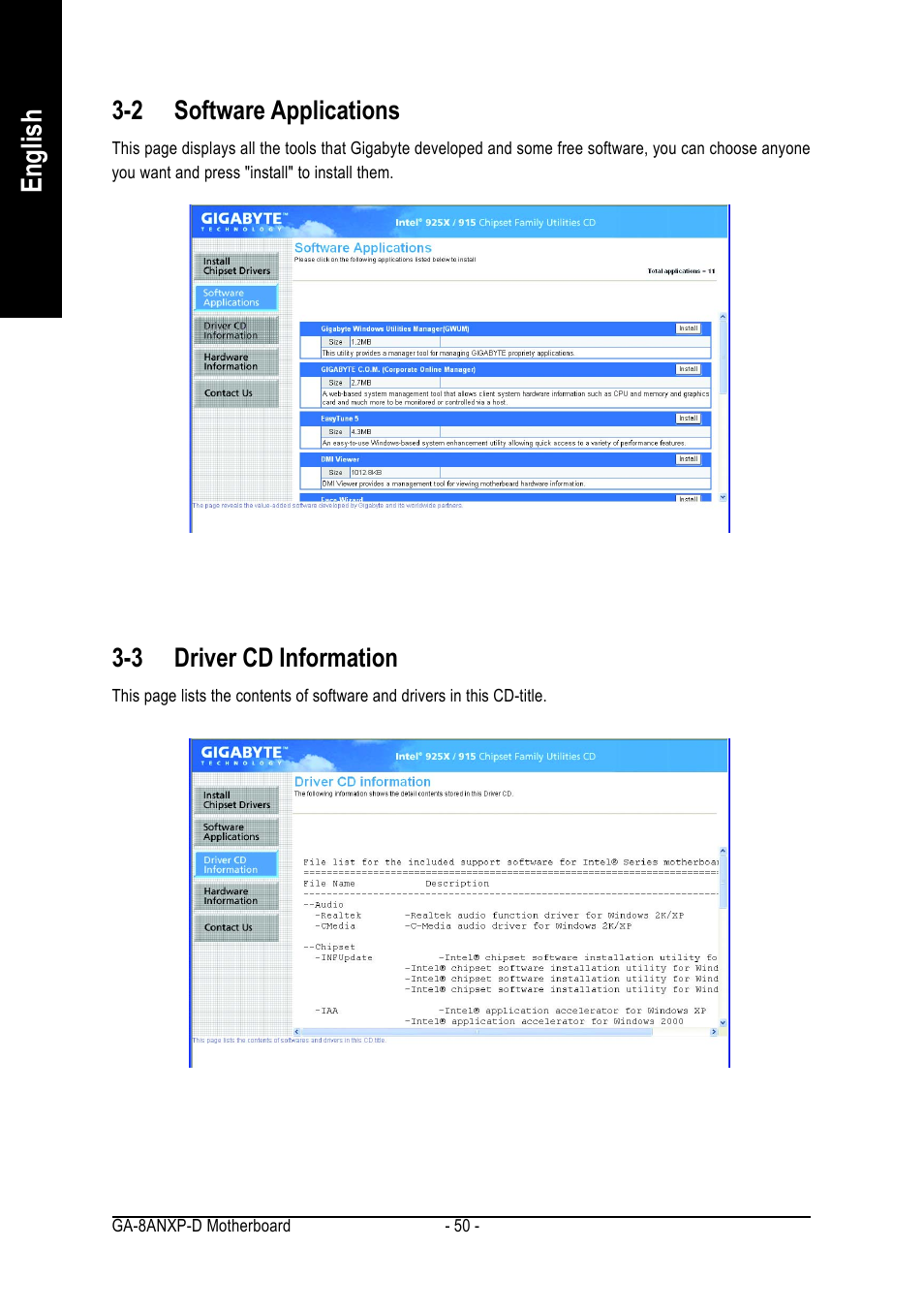 English, 2 software applications, 3 driver cd information | GIGABYTE GA-8ANXP-D User Manual | Page 50 / 88