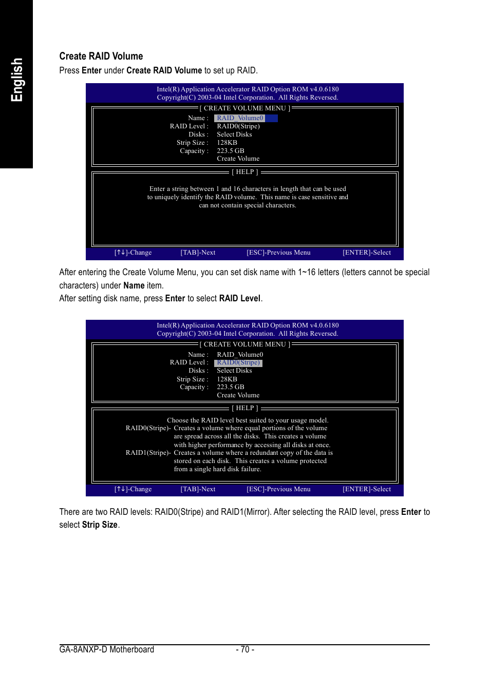 English, Create raid volume, Ga-8anxp-d motherboard - 70 | GIGABYTE GA-8ANXP-D User Manual | Page 70 / 88