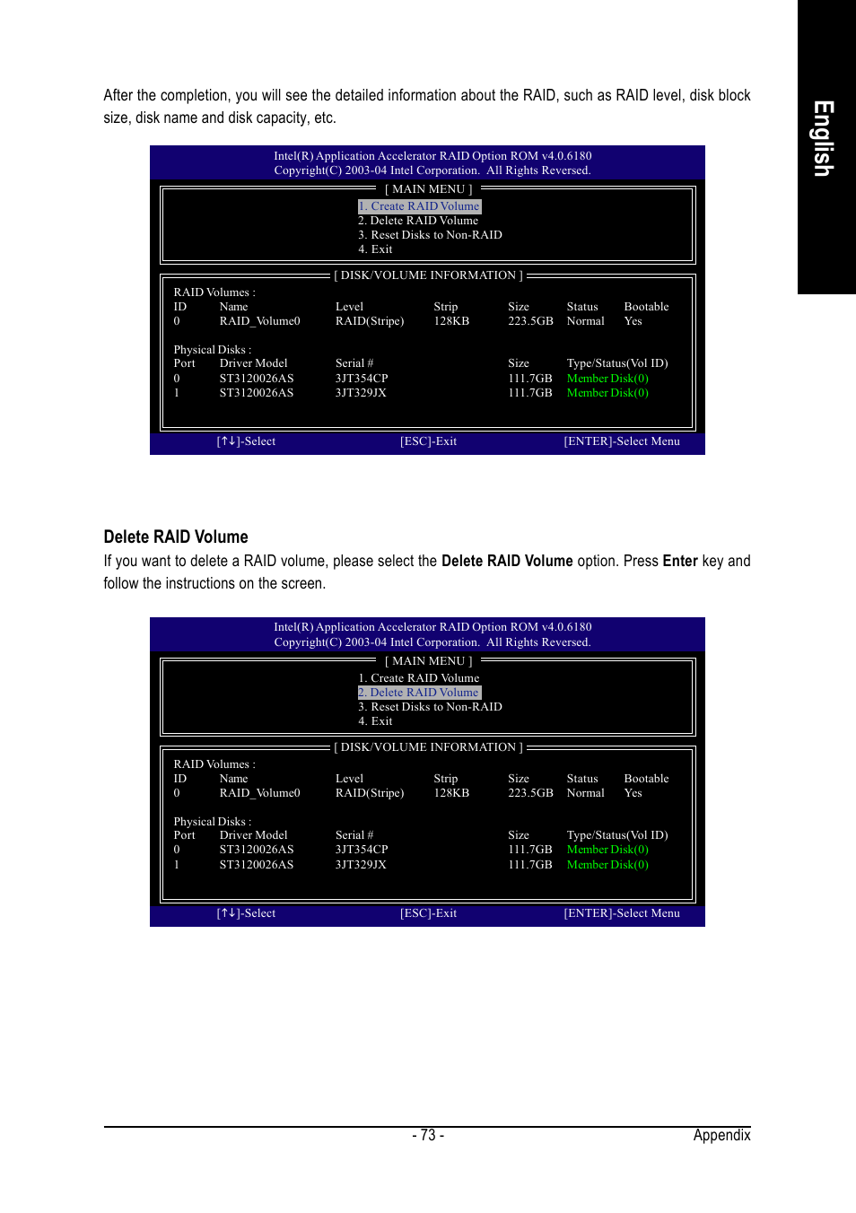 English, Delete raid volume, Appendix - 73 | GIGABYTE GA-8ANXP-D User Manual | Page 73 / 88