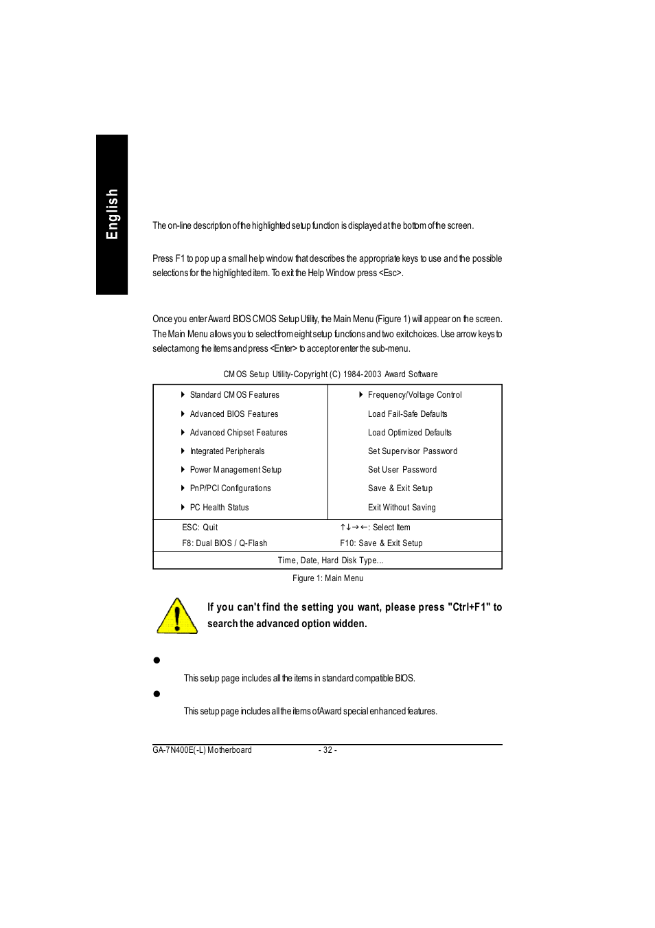 English, The main menu (for example: bios ver. : e2) | GIGABYTE 5225 User Manual | Page 36 / 97