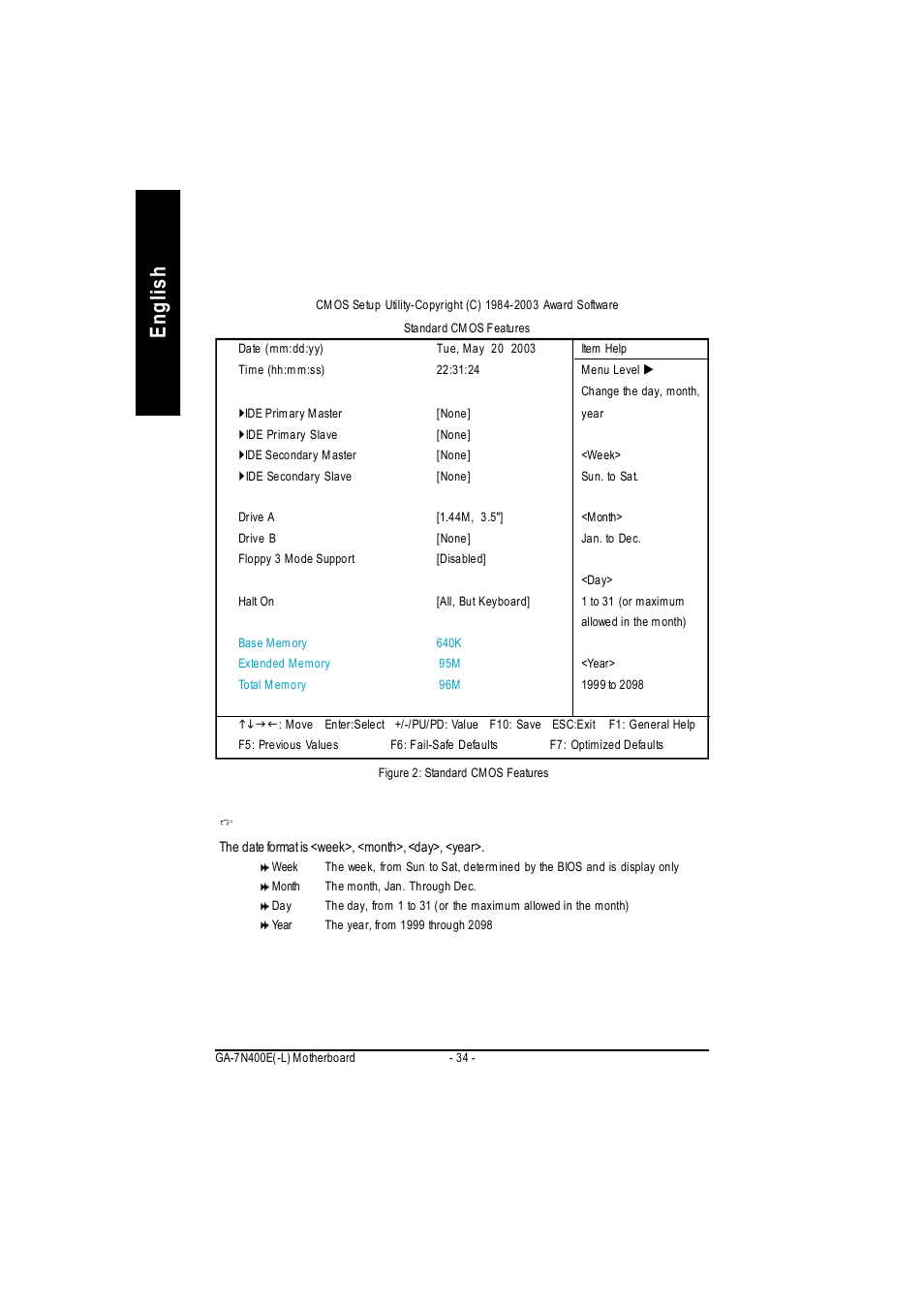 English standard cmos features | GIGABYTE 5225 User Manual | Page 38 / 97